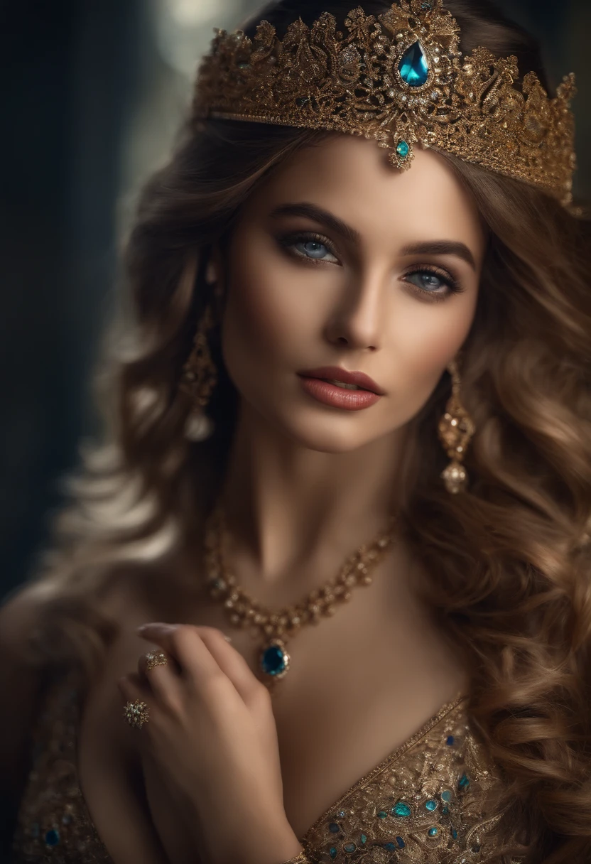1girl, cabelos longos, cor brilhante do cabelo, olhos sedutores, Mysterious expression, mature appearance, Vestido encantador, Flowing dress, joias elegantes, Intricate decoration, magic symbols, shining accessories, potions, Rola, acentos bonitos, Arcos, Fitas, flor,