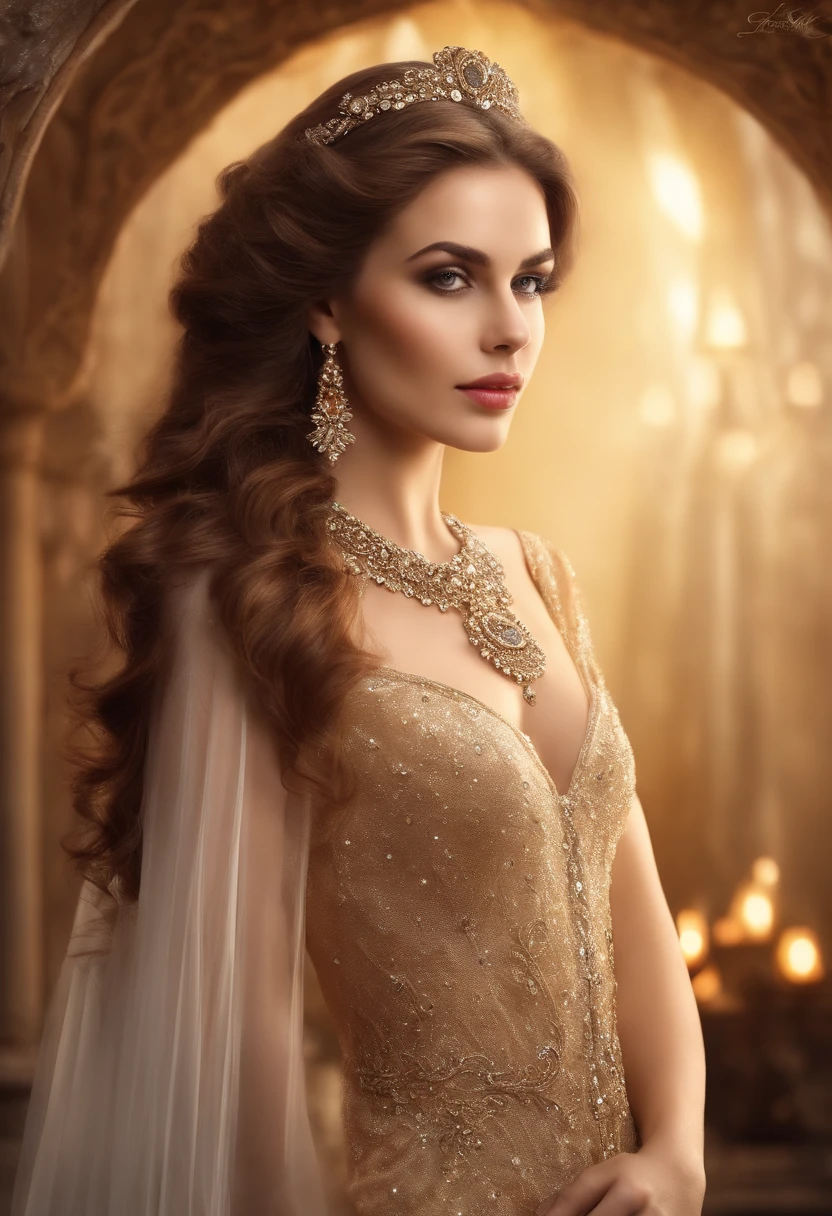 1girl, cabelos longos, cor brilhante do cabelo, olhos sedutores, Mysterious expression, mature appearance, Vestido encantador, Flowing dress, joias elegantes, Intricate decoration, magic symbols, shining accessories, potions, Rola, acentos bonitos, Arcos, Fitas, flor,