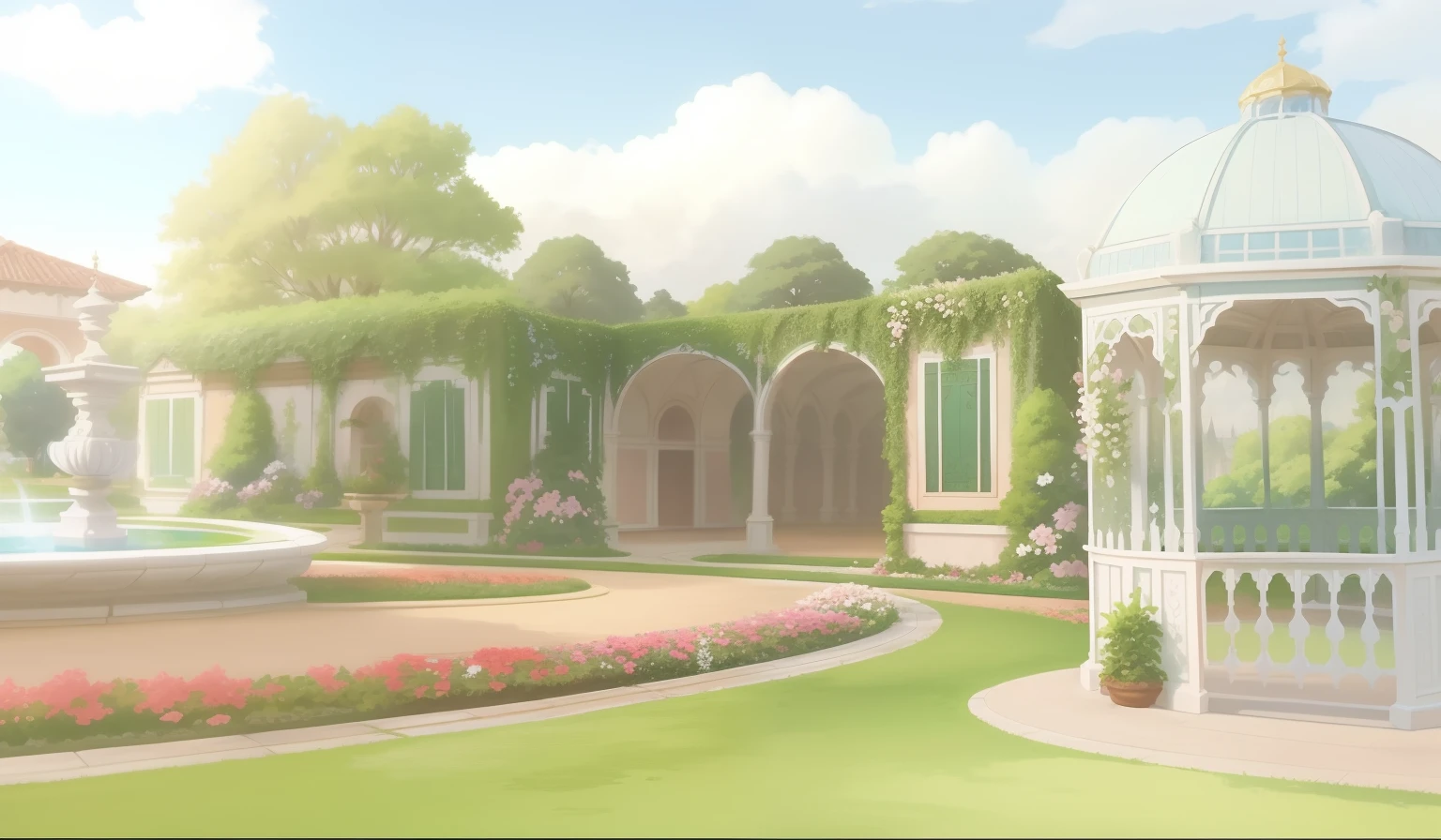 pintura de um jardim com uma fonte e um gazebo, Fundo do jardim real, anime scenery concept art, arte de fundo do anime, jardim realista, arte de fundo, anime scenery, fundo do jardim, paisagem do jardim real, beautiful anime scenery, arte de fundo, fundo do parque, palace background, Atmosfera floral, scenery artwork, French Garden, anime bela cena de paz, random background scene