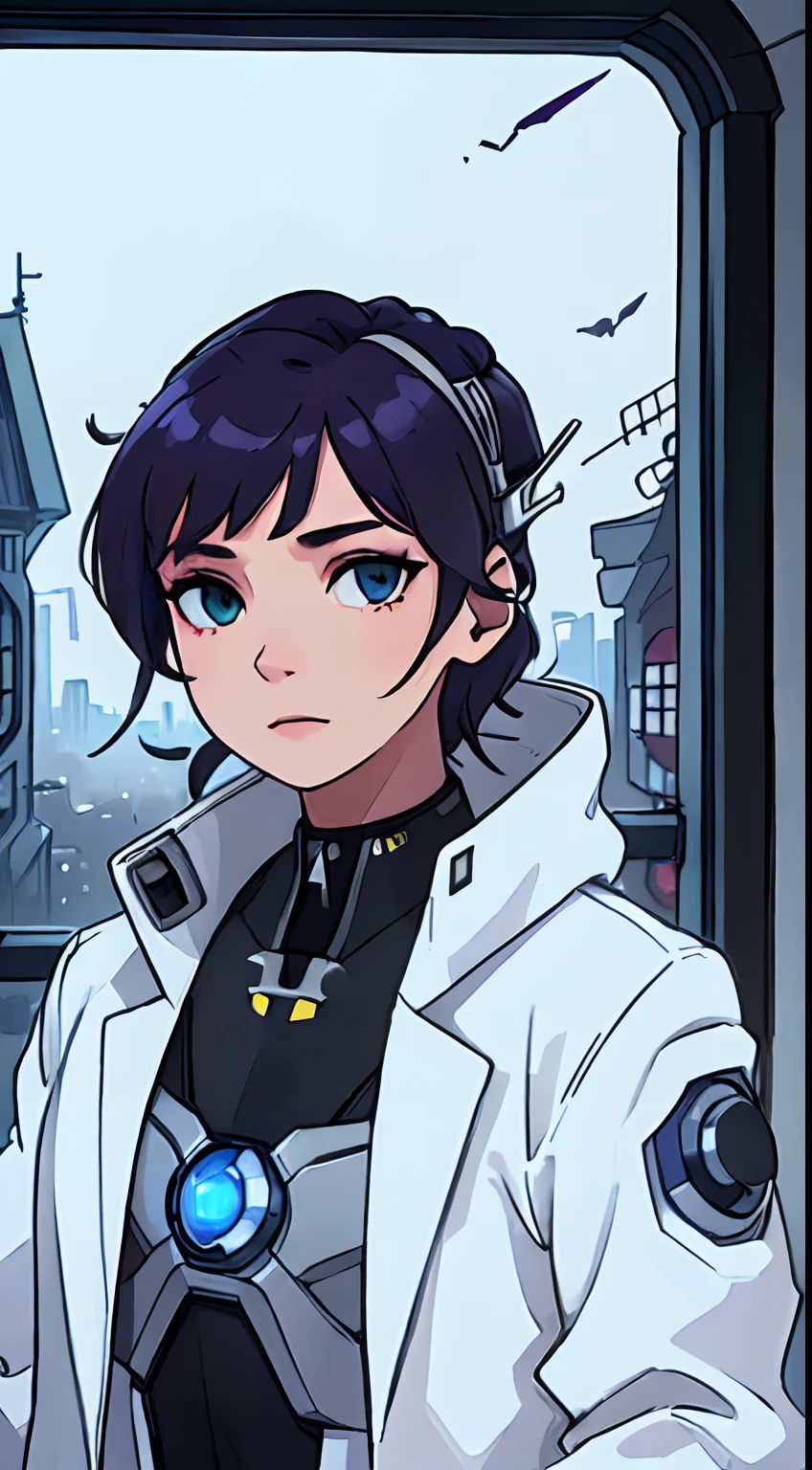 (best quality, 4k, master part :1.3), cyborg with half-human face wearing a white suit, while observe the universe through a window.