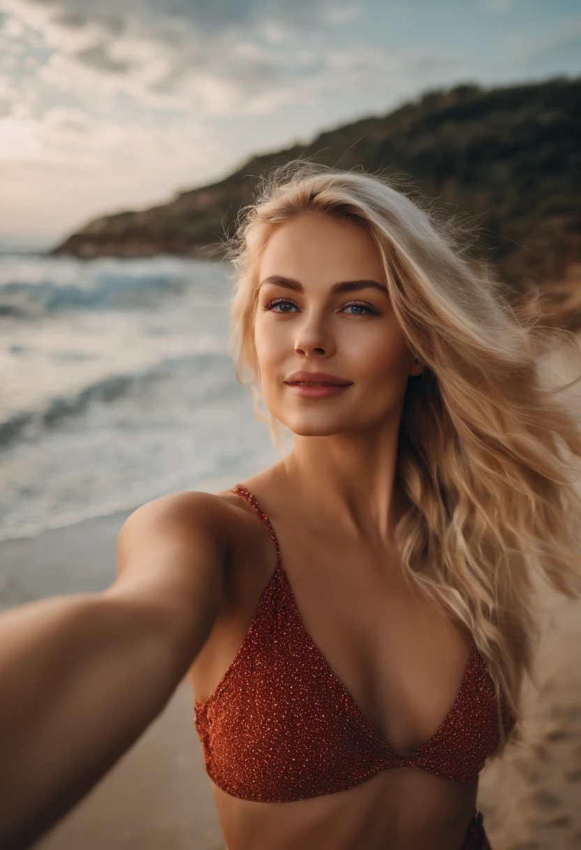 Blond girl taking a selfie at the beach