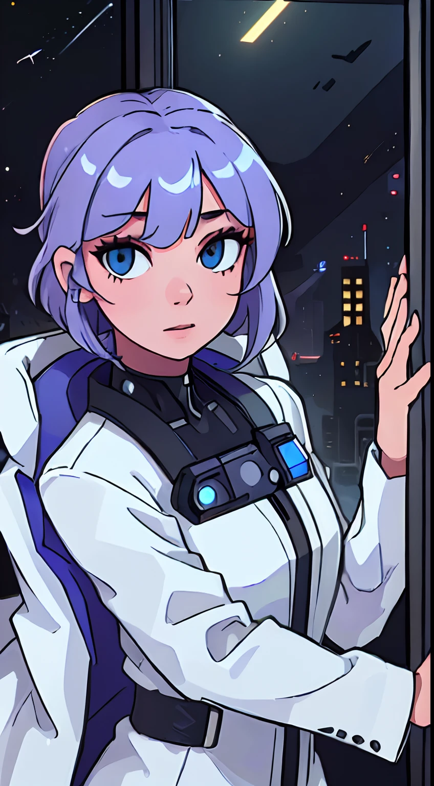 (best quality, 4k, master part :1.3), cyborg with half-human face wearing a white suit, while observe the universe through a window.
