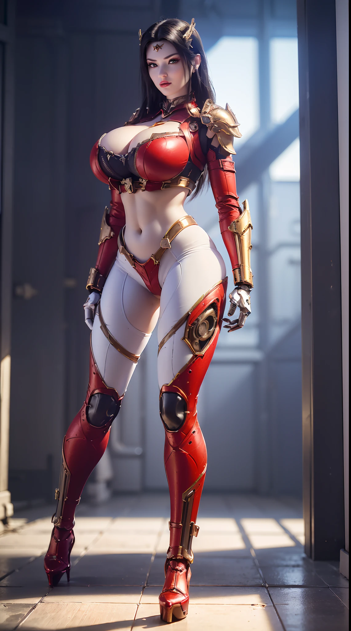 (Devouring the Starry Sky), (1GIRL,SOLO:2), (super detailed face), ((BIG BUTTOCKS, HUGE FAKE BREASTS:1.5)), (CLEAVAGE TOP:1.5), (11 LINE ABS FEMALE:1.4), (MECHA GUARD ARM:1.4), ((WEAR RED OVERWATCH MECHANICAL ARMOR CROP TOP, BLACK MECHANICAL SKINTIGHT SUIT PANTS, MECHA GUARD ARMOR LEGS, HIGH HEELS:1.5)), (LEWD VOLUPTUOUS BODY:1.3), (GLOWING SKIN:0.8), (LONG LEGS, FULL BODY:1.1), (LOOKING AT VIEWER:1.3), (female focus:0.886), (WALKING DOWN HALLWAY OF FUTURISTIC SPACE STATION:1), (BRIGHT LIGHT WHITE_ROOM:1.3), SUPER TEXTURE, UNREAL ENGINE RENDER, PHYSICALLY-BASED RENDERING, ULTRA HIGHT DEFINITION, 16K, 1080P.