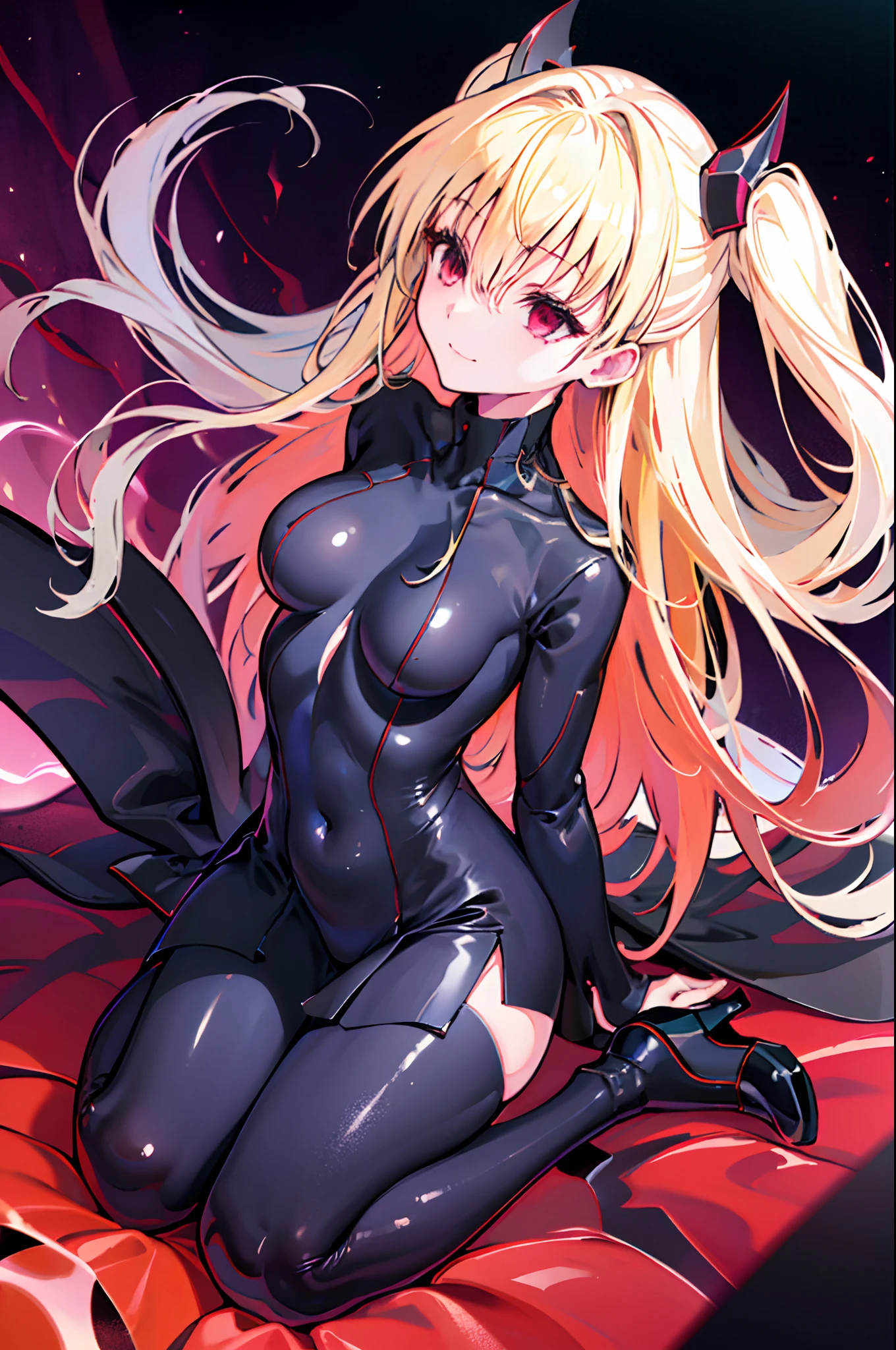 Carefully draw the face　High-quality faces in anime style　a five  girl　Shiny black full body suit　Black High Heels　Red lines all over the body　a blond　seductiv　a smile　succubus