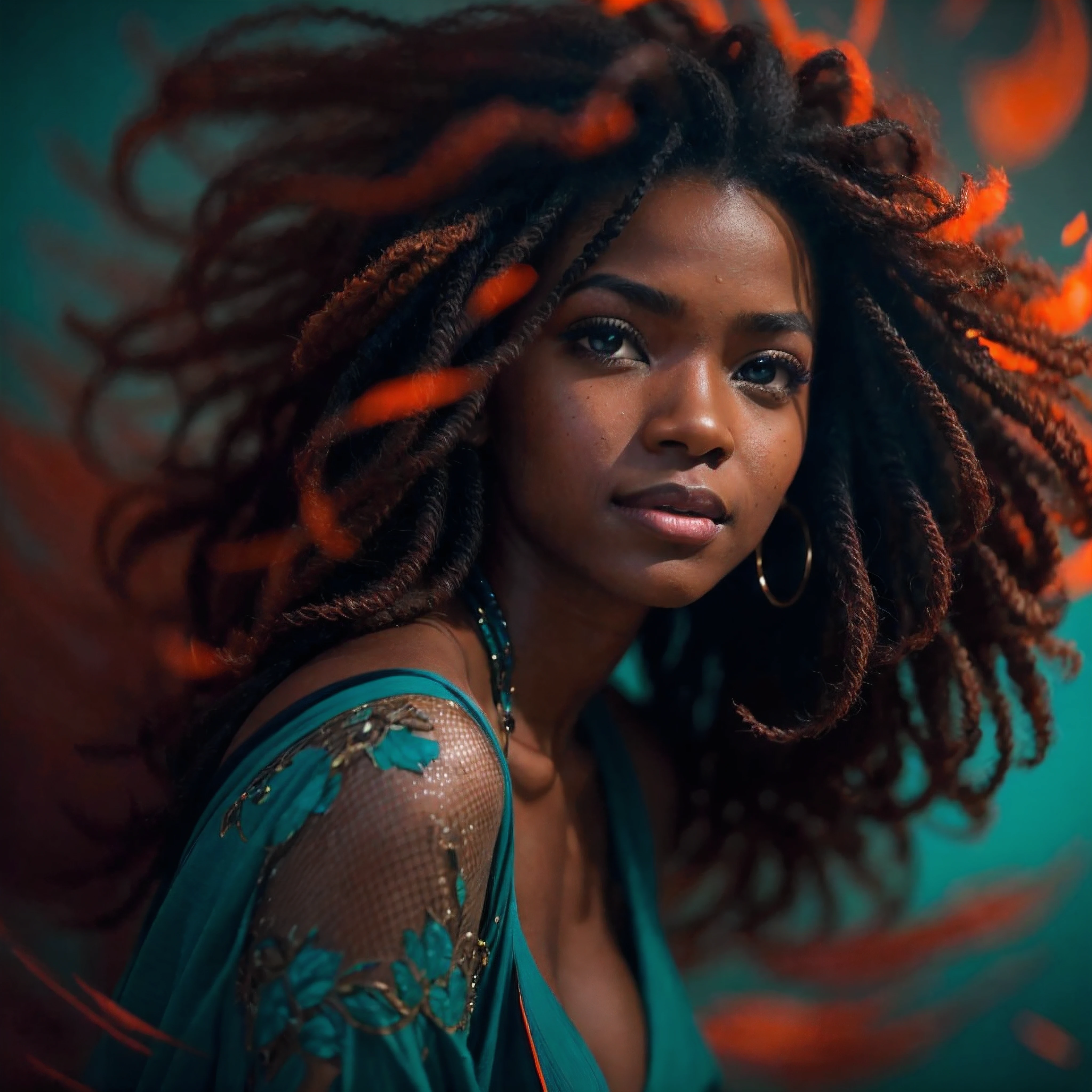 (Cinematic, emotional:1.3), (dynamic pose:1.2), (complex image:1.2), portrait of a black woman striking a dynamic pose against a turquoise backdrop, (zendaya:0.9), glowing maroon particles around her, voluminous black hair highlighted, calm smiling expression, (small breasts, orange accents), freckled skin, the photograph captured in stunning 8k resolution and raw format to preserve the highest quality of details, (her eyes are portrayed with meticulous attention to detail: 1.3), The photograph is taken with a lens that emphasizes the depth in her eyes, the backdrop is a dark room setting that enhances the colours of the scene. The lighting and shadows are expertly crafted to bring out the richness of her skin tone and the intense atmosphere. Her hair adds contrast against her skin, the overall composition captures her essence with authenticity and grace, creating a portrait that celebrates her heritage and beauty. Photography utilizing the best techniques for shadow and lighting, to create a mesmerizing portrayal that transcends the visual,