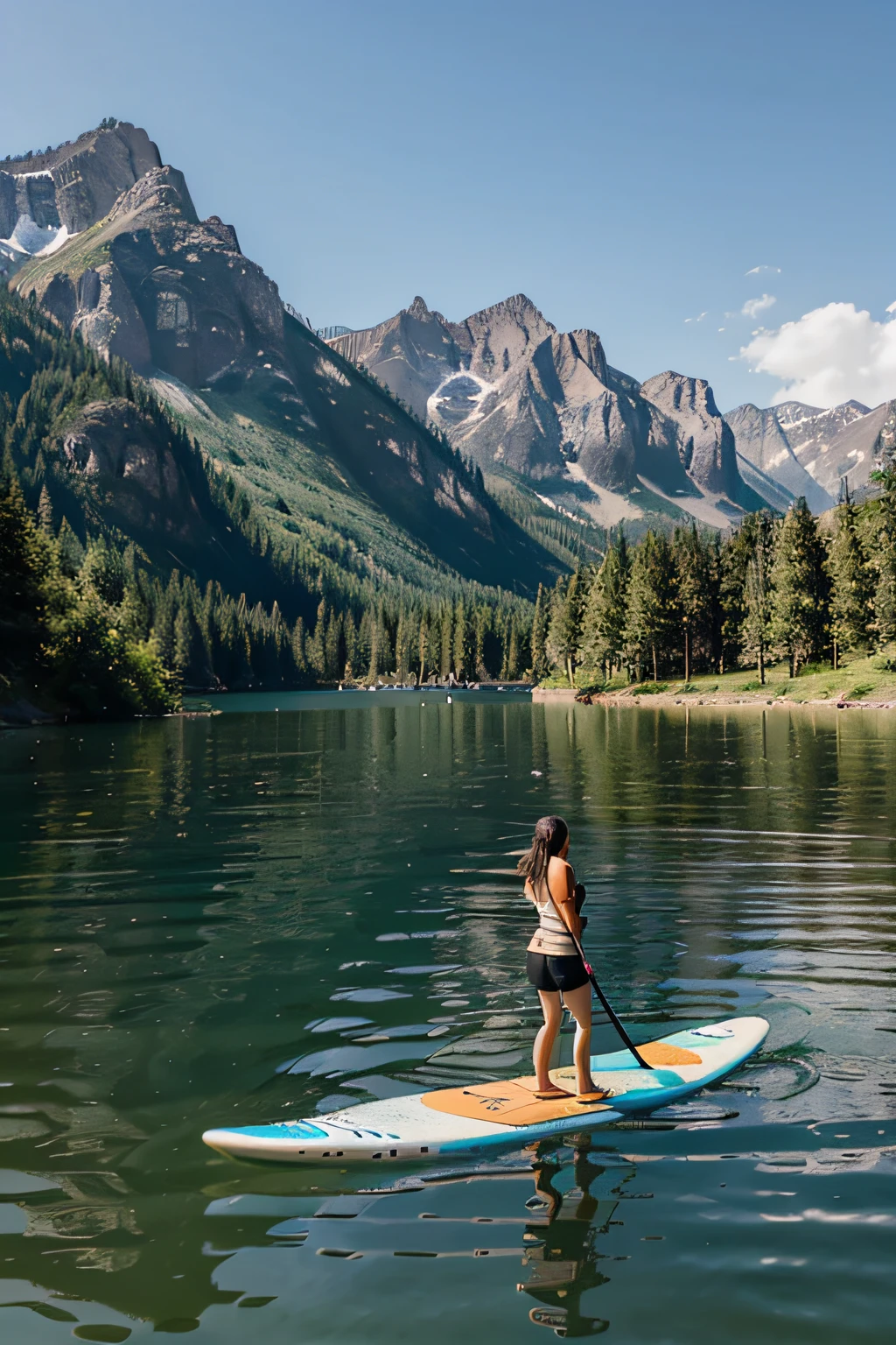 vertical screen,Outdoor sports,In the center of the picture, a person paddles a paddle board in the middle of the lake