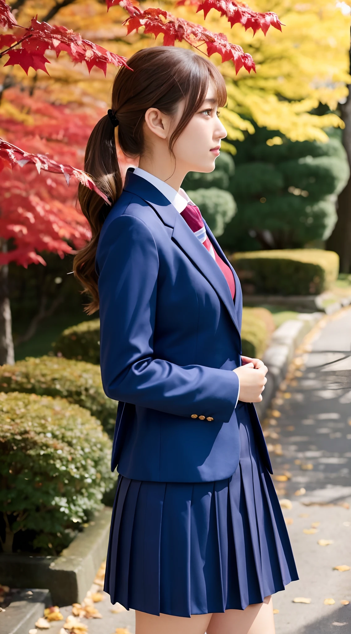 top-quality、8K，Woman in skirt suit and jacket posing for photo, Seifuku, Girl in suit, sakimichan, short skirt and a long jacket, Girl in a suit, wearing jacket and skirt, well - dressed, ( Side ) profile, profile image, elegant look, School Girl, coat pleats, catalogue photo, Japan school uniform, girl wearing school uniform、Autumn leaves in Japan