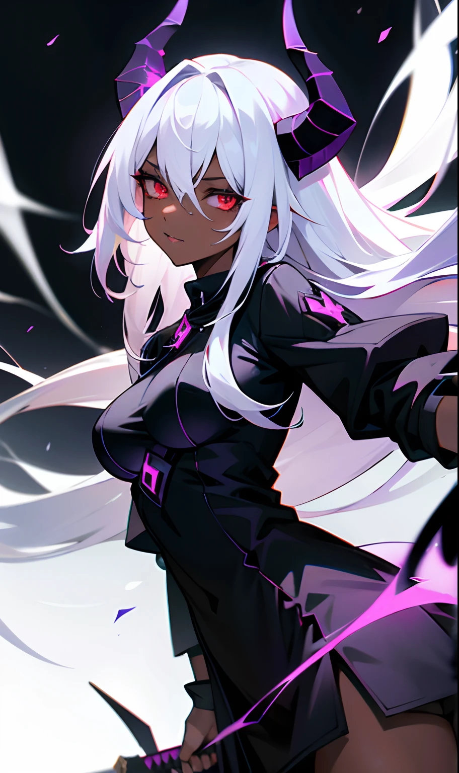 Long white haired girl with medium breasts with black demon horns on her head wearing an outfit of black horns holding a black sword with purple energy coming out of her dark skinned red eyes