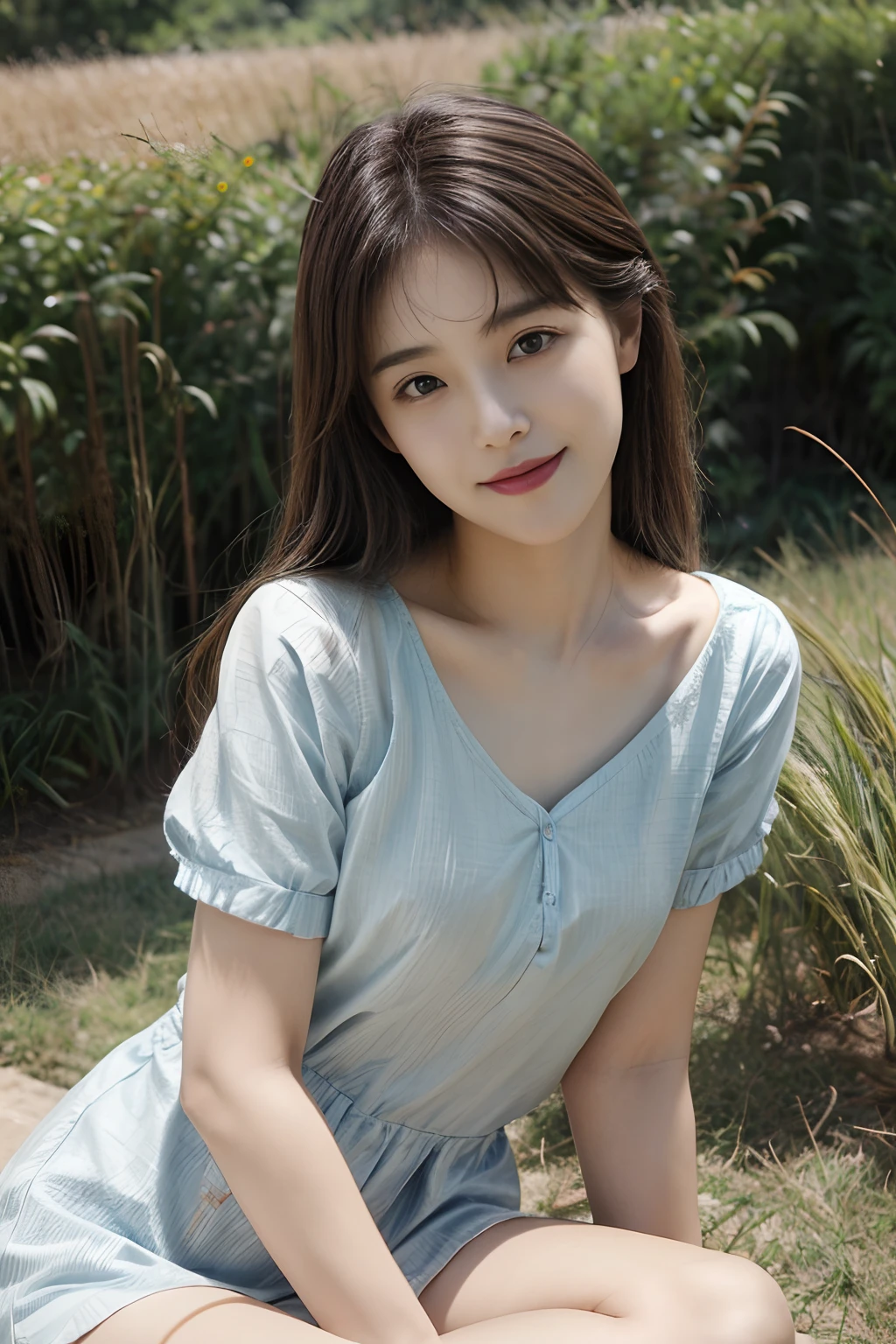 masterpiece、8K、32K、top-quality、A cute Japanese woman、detail portrayal、1 girl in、elegent、28 year old、(Kamimei:1.1)、undergarment、Sit up、Raise one leg、grass field、cowboy shot、Angle from the top、ssmile