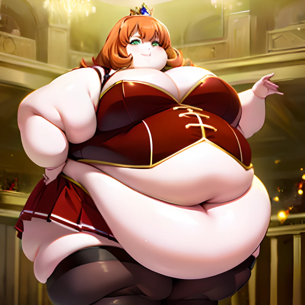 anime character with a huge belly, he has a ((jiggly fat round belly)), thicc, his belly is fat and round, ,((obese )), heavy detailed, extremely plump ,((insanely wide hips))((large thighs)),( Large Butt),(( Proportionally large arms)) ,((proportionally enormous legs)),best quality, masterpiece, solo, (( Tall ,Feminine))Male in red Dress with crown,( Red corset, Skirt trail), wearing an ornate outfit, anime princess, in a fancy elaborate dress, ((Long Orange Hair:1.4)), ((hair styled in curls:1.3)),((Green eyes)) Background(Ballroom)), expression (Smug, Smile, Sensual),pose( Hand on hips, Other hand in hair),hyper inflation