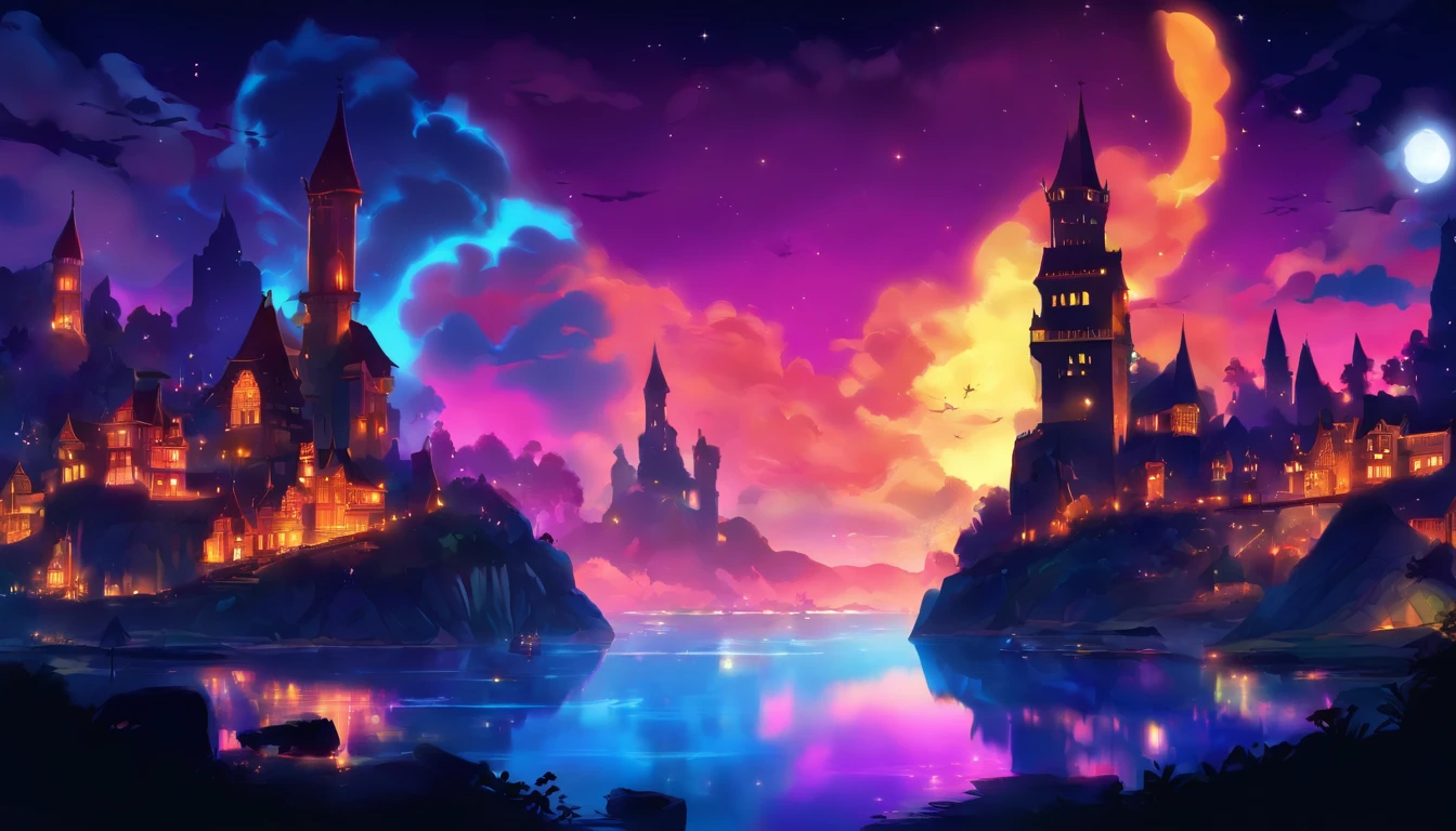 Luzes flutuantes de dia das bruxas, Cinematic light and reflection, luzes brilhantes, Intermediate elements of the metaverse,pintura digital, Reflexos brilhantes, refletir, dia das bruxas Jack-o'-lanterna, Noite tranquila, digital illustation, pleasant environment, Skylights at night, Tranquil atmosphere at night, Jack-o'-lanterna, dia das bruxas, in the nighttime, Thémon, A cena do jogo, dia das bruxas, cercado por nuvens, Buildings in medieval Europe, Telhas esmaltadas, UE, Cores bonitas, There are three arches in the foreground((Tinta colorida)), ( (Espirrar a tinta ) ), ((Espirrar a tinta) Inky})), tmasterpiece, Alta carreira, beautiful graphics, Detalhes altos,magnifica