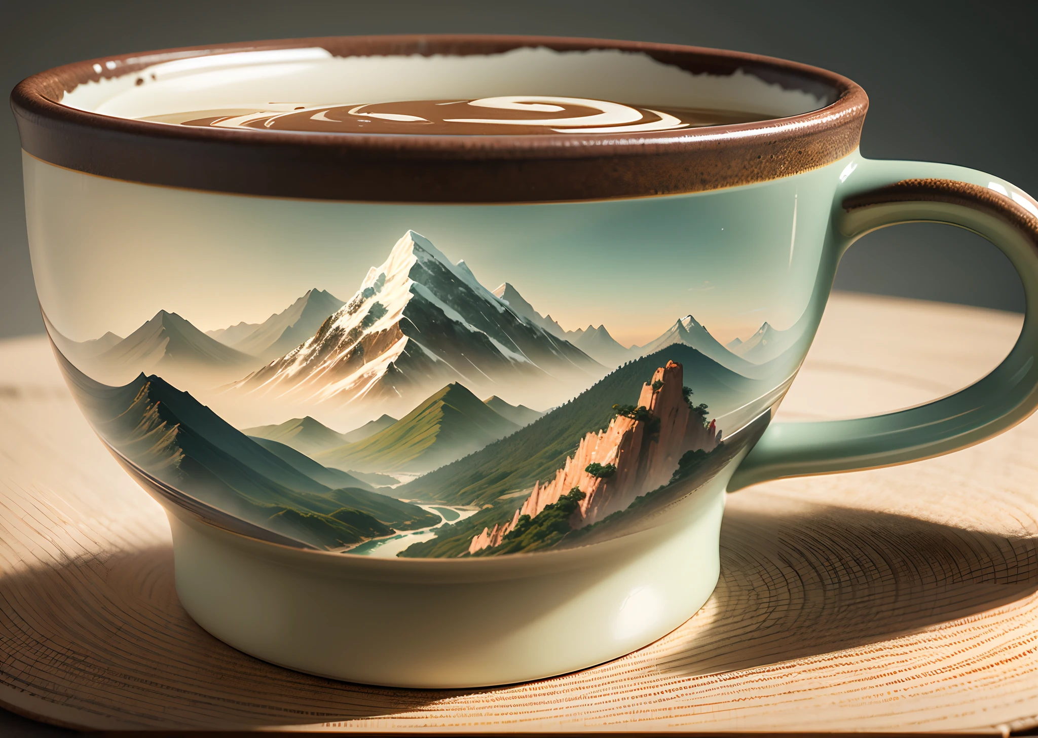 A Chinese-style milk tea cup with a landscape painting of Chinese mountains and rivers on the cup --auto --s2