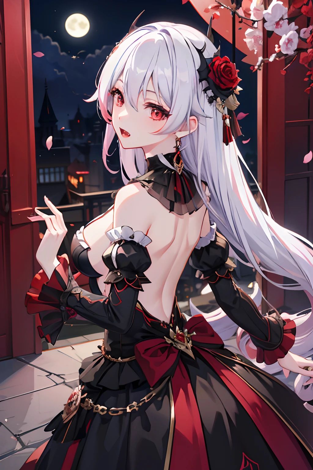 8k, highres, ultra detailed, (masterpiece:1.4),, 1girl , backless dress , backless outfit , bare shoulders , bat (animal) , bat hair ornament , black and red dress , black flower , breasts , detached sleeves , earrings , flower , gradient hair , grey hair , hair between eyes , hair ornament , jewelry , looking at viewer , looking back , low-tied long hair , moon , multicolored hair , open mouth , petals , pink hair , red eyes , rose , skirt hold , smile , solo , vampire , very long hair , white hair , window,theresa apocalypse (honkai impact 3rd)