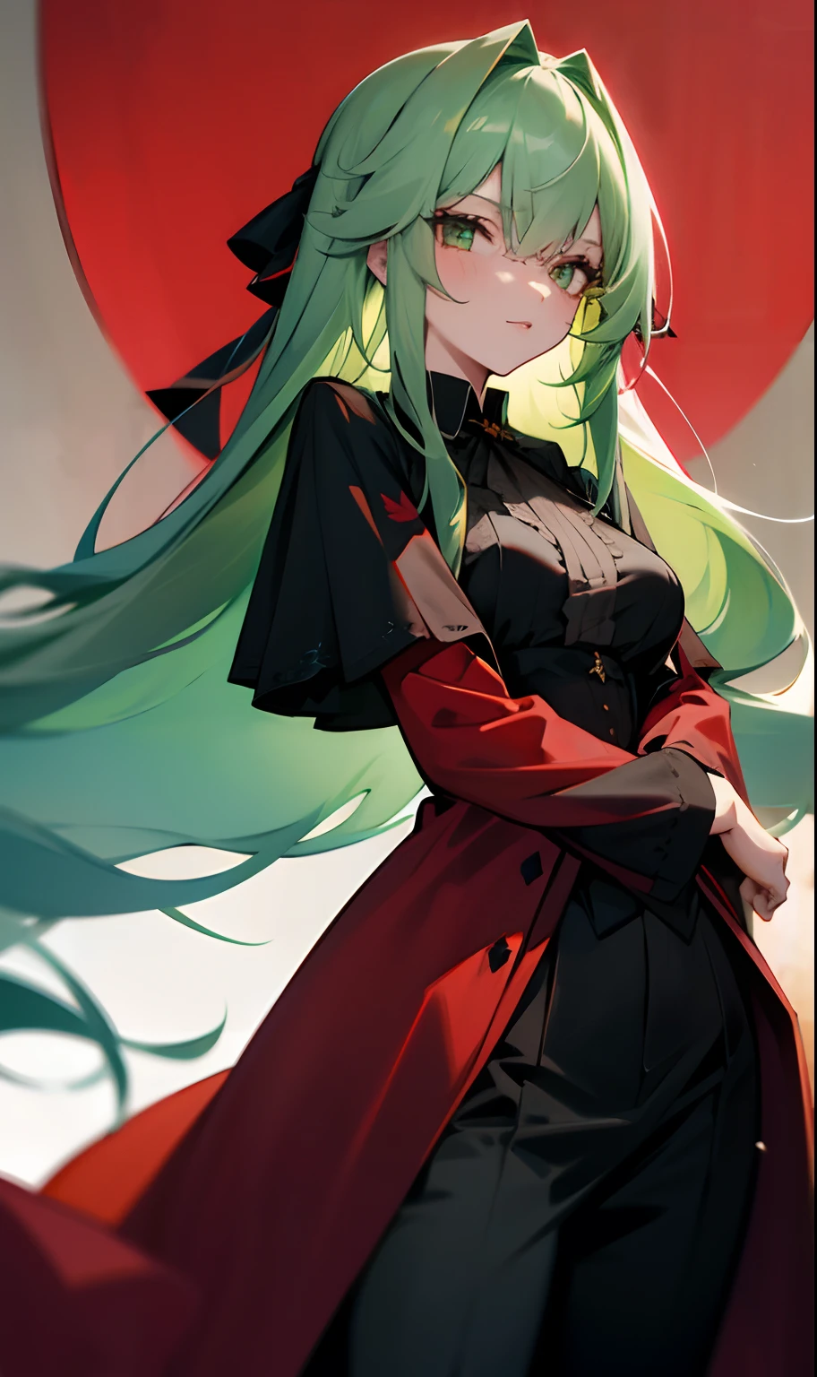 Girl with long green hair, medium breasts wearing a black blouse and a red overcoat over green eyes