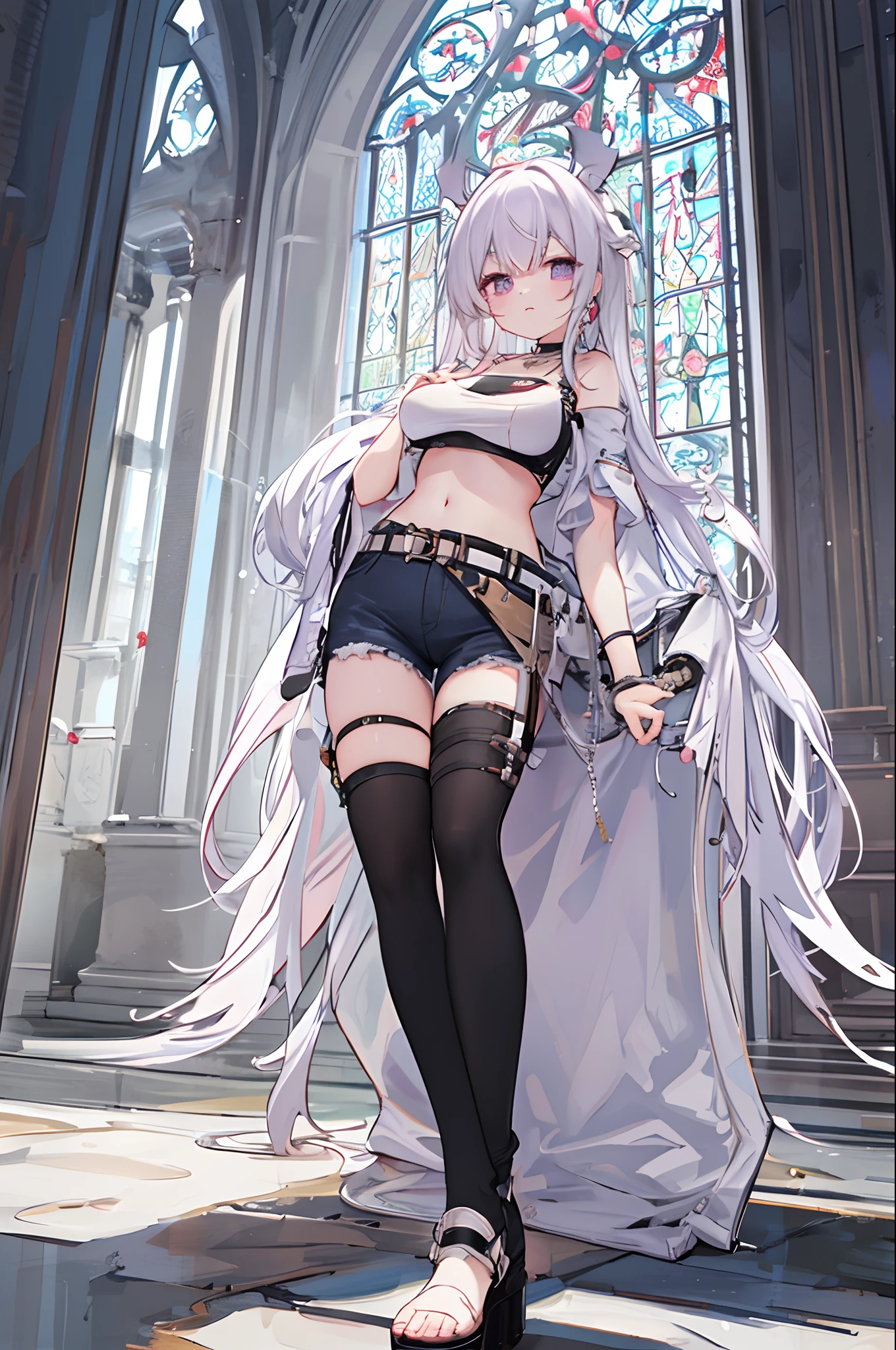 a beauty girl，Purple eye，White curly wave head，Jacket jacket，Crop top short sleeves，cropped shoulders，nabel，(huge tit)，Low-rise extra-short jeans，Black Knee Socks，White high-heeled booties，Silver necklace，Circle earrings，Leg loop straps，Shoulder belt，Bracelet，ruri，Church glazed windows，，(Very fine and beautiful)，Exquisite background,（tmasterpiece）(HighestQuali)，(tmasterpiece)，Epic composition，The Temple of Splendidness，8K，Dingdall effect，Meticulous background，sophisticated composition