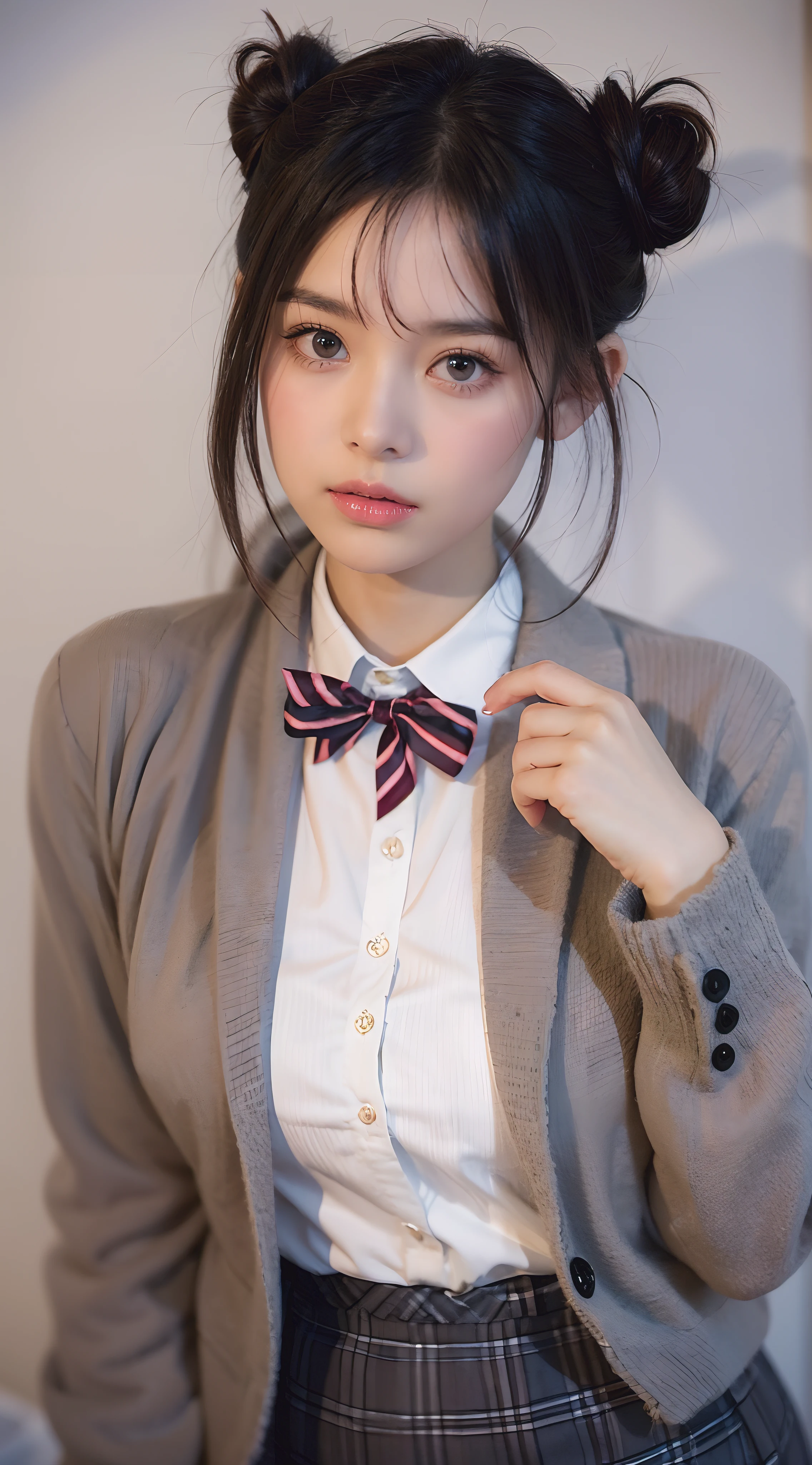 1girl, grey eyes, looking at viewer, (((mini double buns with a fringe))), class background.