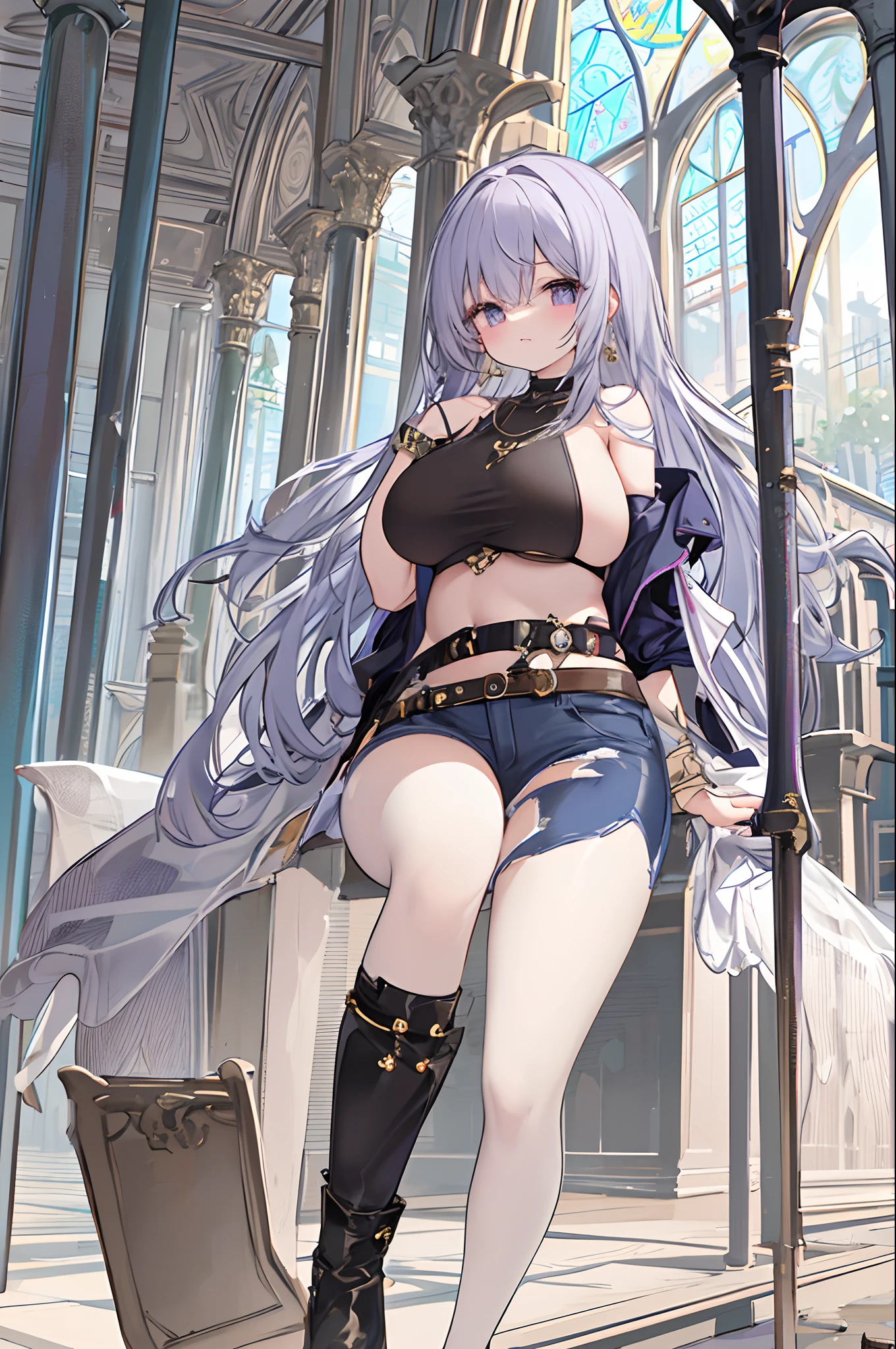 a beauty girl,Purple eye,White curly wave head,Jacket jacket,Crop top short sleeves,cropped shoulders,nabel,(huge tit),Low-rise extra-short jeans,Black Knee Socks,White high-heeled booties,Silver necklace,Circle earrings,Leg loop straps,Shoulder belt,Bracelet,ruri,Church glazed windows,,(Very fine and beautiful),Exquisite background,(tmasterpiece)(HighestQuali),(tmasterpiece),Epic composition,The Temple of Splendidness,8K,Dingdall effect,Meticulous background,sophisticated composition