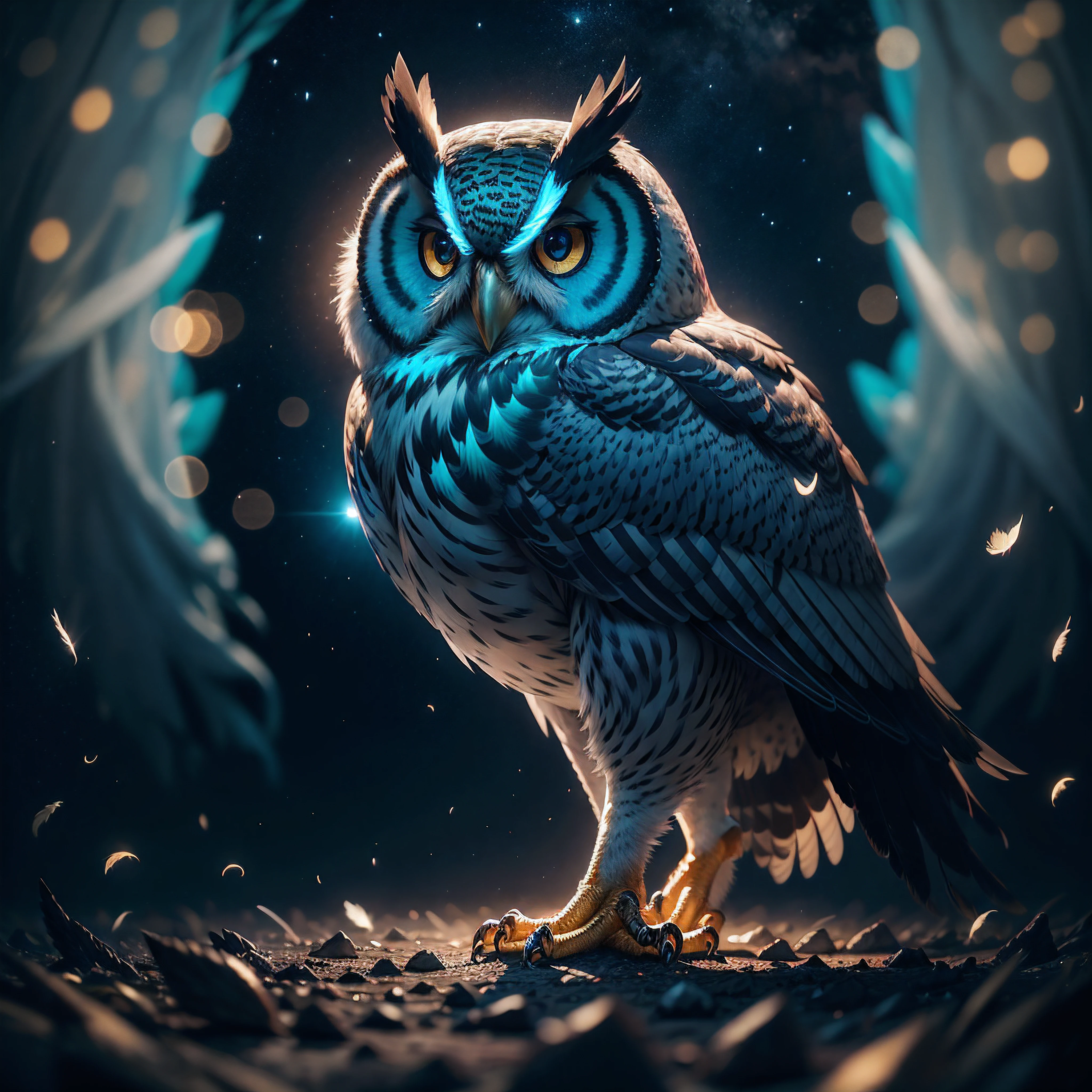 (Cinematic, exquisite:1.3), (dynamic pose:1.2), (complex image:1.2), a stunning gigantic owl with feathers made of the starry night sky, against dark night backdrop, glowing turquoise particles around it, the photograph captured in stunning 8k resolution and raw format to preserve the highest quality of details, (owl's eyes are portrayed with meticulous attention to detail: 1.3), The photograph is taken with a lens that emphasizes the depth in the eyes, the backdrop is a dark night sky setting that enhances the colours of the scene. The lighting and shadows are expertly crafted to bring out the richness of colour. Photography utilizing the best techniques for shadow and lighting, to create a mesmerizing portrayal that transcends the visual,