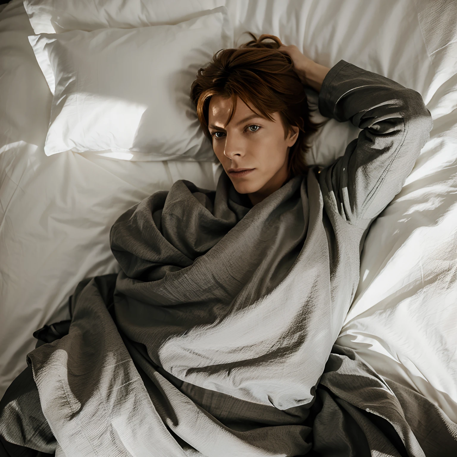 Bowie very snugly wrapped in bed