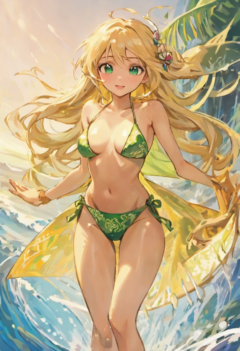 Rapunzel looks the viewer with a cocoquettish expression, batting her seductive green eyes , a teasing smile, and coyishly hides her arms behind her back. Rapunzel playfully crosses her left leg over right, acting shy. The ocean is glistening behind her brilliant figure. Rapunzel is wearing a two piece bikini set, with a long sarong wrap around her bottom and stops above her ankles. The sarong wrap goes all the around and leaves a slit to the right. Her long blonde hair sways in the wind. (Masterpiece: 1), 1girl , solo, (Rapunzel: 1.4), (long blonde hair, blowing wind: 1.1), (sexy facial expressions: 1.6), (teasing smile, seductive green eyes: 1), (small bust: 1), (green skimpy bikini, long sarong wrap: 1.3), (arms and hands coyishly behind her back: 1), (pink flowery sarong pattern: 1), (Rapunzel's hourglass figure: 1.3), (long bare slender legs, barefoot: 1), (left leg crossed over right: 1.4), (highly detailed: 1.2), (anime features: 1.2), (Cowboy-shot: 1.3), (full-body-shot: 1.5), (soft water background: 1), (beach background: 1), highlighted eyes, sun particles