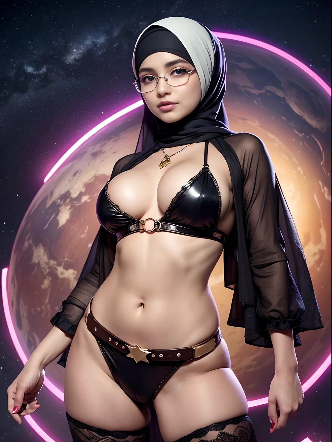 cowboy_pose,naughty, (iu:0.8),cleavage, RAW, Best quality, high resolution, Masterpiece: 1.3, Beautiful glasses sexy hijabi teen in elaborate spaceport, Masterpiece, Soft smile