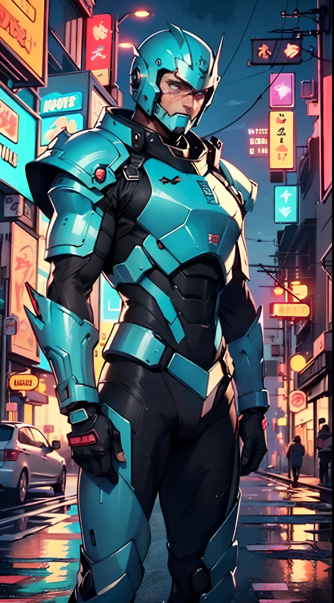 (man:1.5),muscular man in mecha armor,(((1man))),((man muscular in mecha armor)),
((exaggerated muscles,exaggerated shoulders,very muscular and huge)),man chest,((((muscular,muscular man,tall,big biceps,abs,big thighs,broad shoulders)))),
mandalorian helmet,underwater armor,mecha armor,full of weapons,((LED lights, RGB lights,black and neon blue armor)),((wet armor,intricate armor,detailed armor)),
(dynamic pose:1.0),solo focus,(centered,scale to fit dimensions,Rule of thirds),
cyberpunk city by the ocean at night, with bright neon signs and dark stormy clouds and puddles, scenery:1.25,
highres, sharp focus, (ultra detailed, extremely detailed), (photorealistic artwork:1.37),(extremely detailed CG unity 8k wallpaper),((synthwave background theme)),(((vibrant colors))),(intricate background),(masterpiece),(best quality),