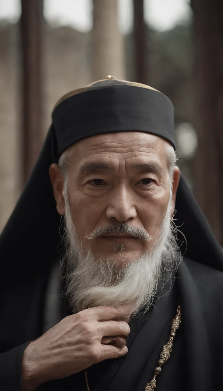 Immortals。Immortal,Temple,Meditate,Prayer beads,stately,a old man。white mustache,a cassock