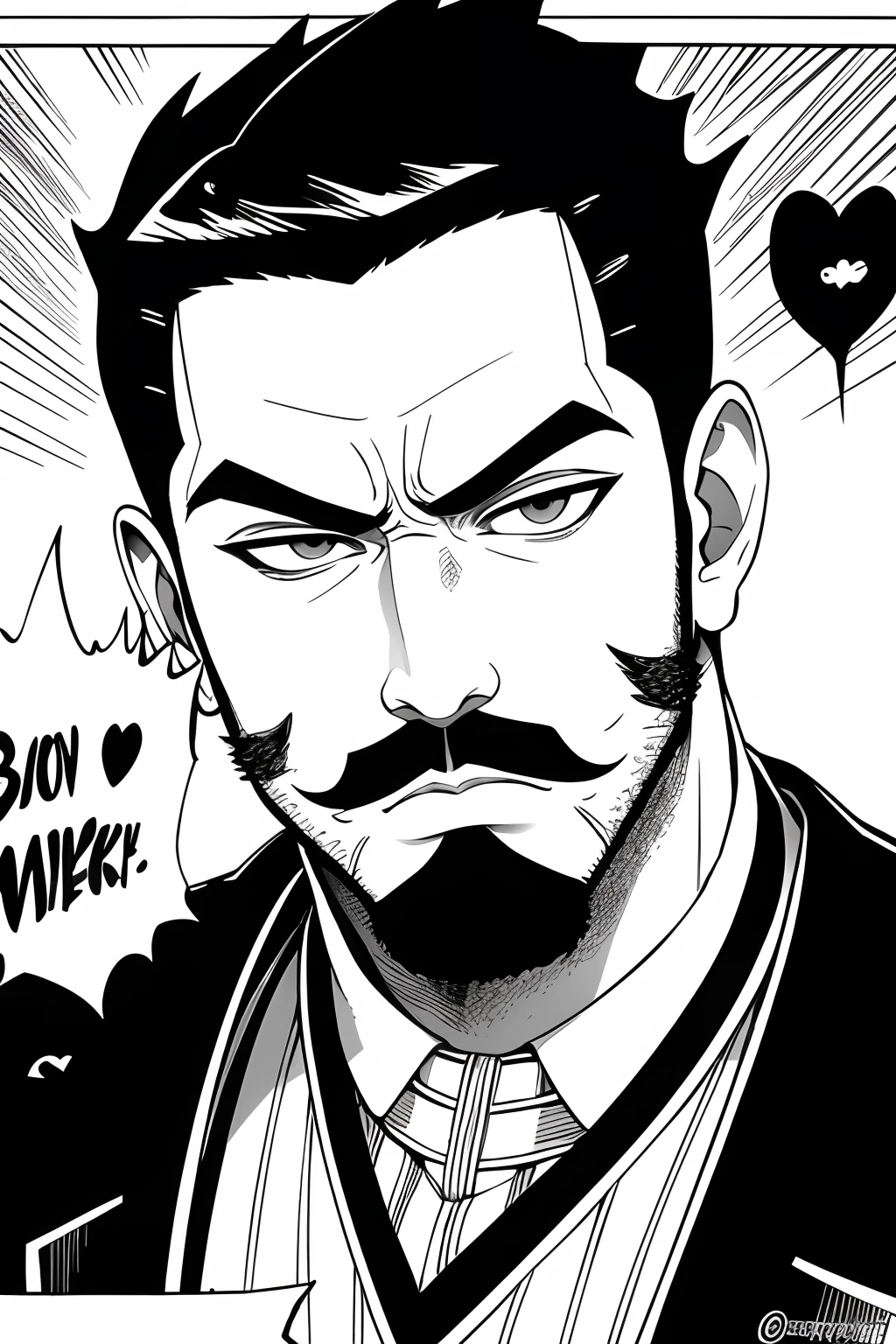 ,manga-style, retrato, rosto de frente, homem negro, bigode pequeno, Big Lips, careca, heart-shaped hair, Blazer, brincos,