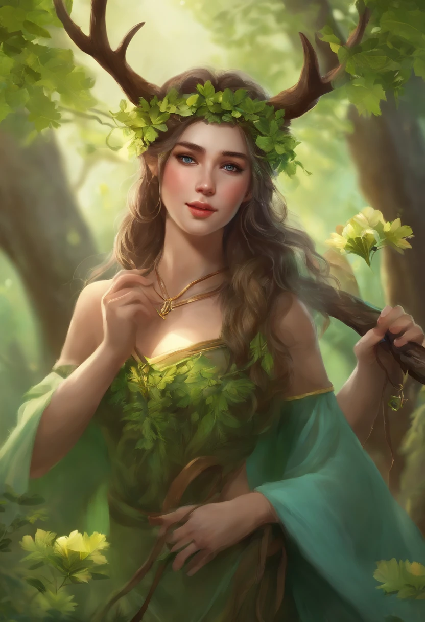 spring，In nature，1 female Tiflin race druid，Holding an oak staff，Unleash the green magic wind with leaves。The girl is about 20 years old，Has slightly curly shoulder-length hair，Clear light blue eyes。There is a pair of small demon horns on the forehead，He wears clothes composed of animal hides and plants, mainly brown and supplemented by green。Cute expressions。