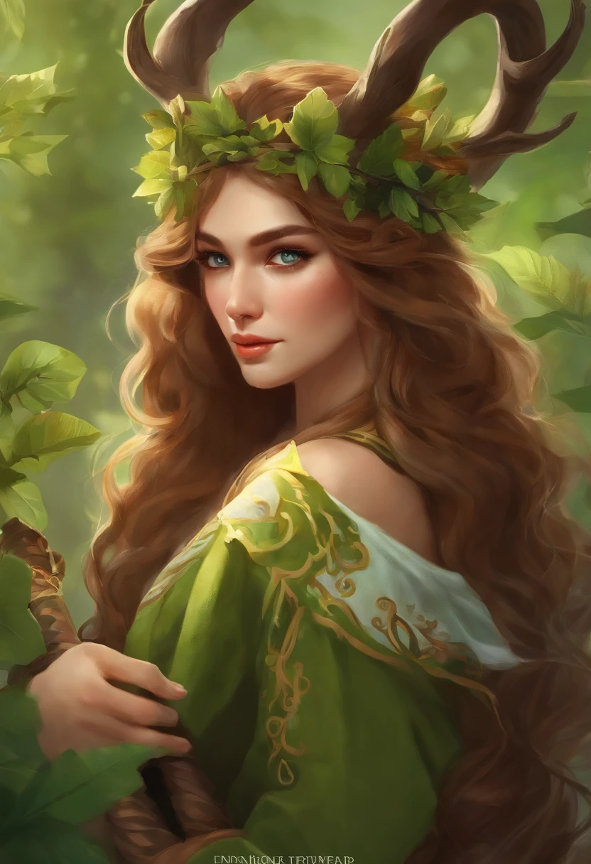 spring,In nature,1 female Tiflin race druid,Holding an oak staff,Unleash the green magic wind with leaves。The girl is about 20 years old,Has slightly curly shoulder-length hair,Clear light blue eyes。There is a pair of small demon horns on the forehead,He wears clothes composed of animal hides and plants, mainly brown and supplemented by green。Cute expressions。