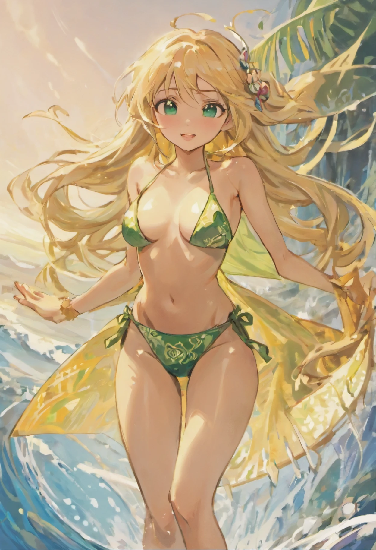 Rapunzel looks the viewer with a cocoquettish expression, batting her seductive green eyes , a teasing smile, and coyishly hides her arms behind her back. Rapunzel playfully crosses her left leg over right, acting shy. The ocean is glistening behind her brilliant figure. Rapunzel is wearing a two piece bikini set, with a long sarong wrap around her bottom and stops above her ankles. The sarong wrap goes all the around and leaves a slit to the right. Her long blonde hair sways in the wind. (Masterpiece: 1), 1girl , solo, (Rapunzel: 1.4), (long blonde hair, blowing wind: 1.1), (sexy facial expressions: 1.6), (teasing smile, seductive green eyes: 1), (small bust: 1), (green skimpy bikini, long sarong wrap: 1.3), (arms and hands coyishly behind her back: 1), (pink flowery sarong pattern: 1), (Rapunzel's hourglass figure: 1.3), (long bare slender legs, barefoot: 1), (left leg crossed over right: 1.4), (highly detailed: 1.2), (anime features: 1.2), (Cowboy-shot: 1.3), (full-body-shot: 1.5), (soft water background: 1), (beach background: 1), highlighted eyes, sun particles