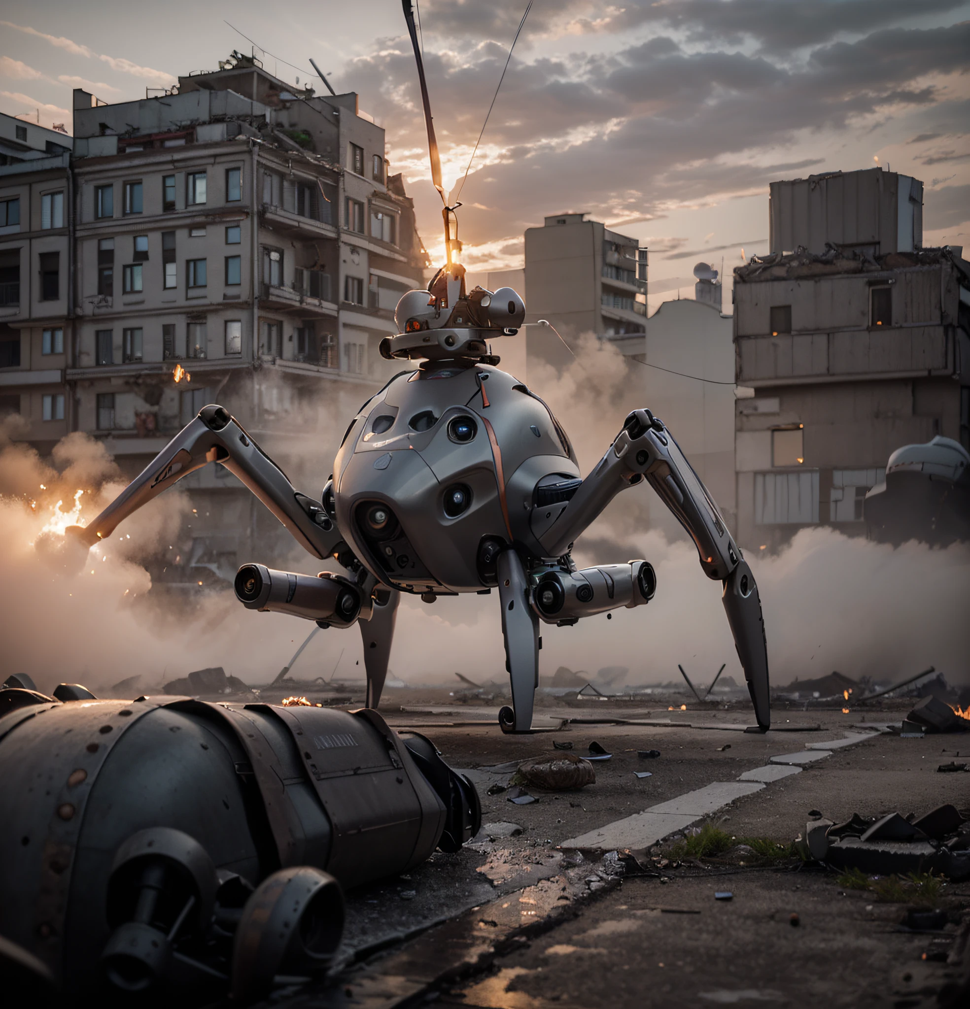 small retro-Soviet dieselpunk arachnoid drone robot gray color with purple details, mechanical arachnoid legs, has antennas, low light, sunset, Russian city totally destroyed, fire, smoke, ultra realistic, Ultra detailed, Hyper realistic, 4k, Ultra detailed image, realistic, Highly detailed, perfect composition, beautiful intricately detailed, incredibly detailed, 8K fine art photography, hyper detailed, Masterpiece