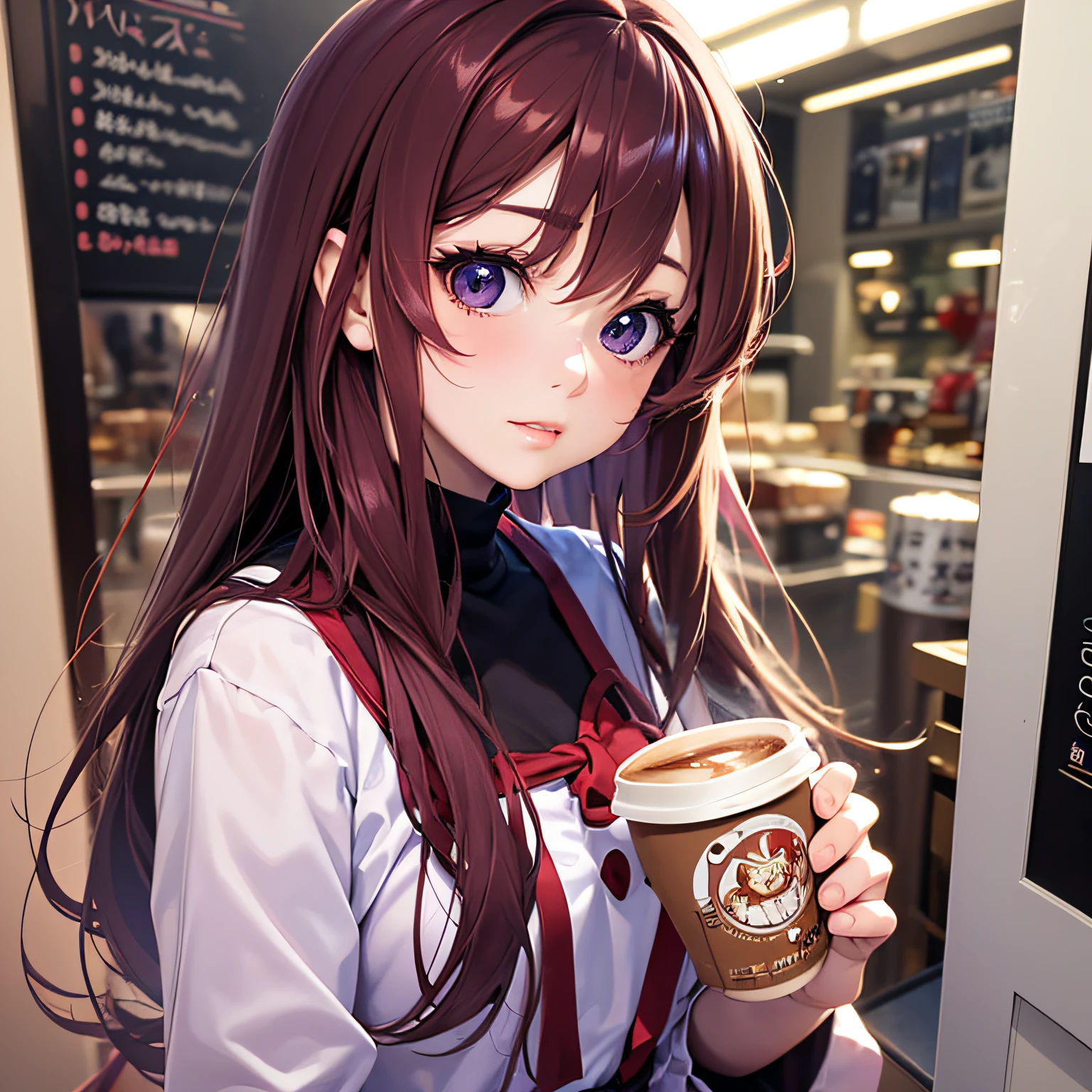 There is a woman who drinks coffee, real life anime girl, realistic young anime girl, portrait of cute anime girlbabes, cute natural anime face, kawaii realistic portrait, realistic anime 3 d style, cute kawaii girl, charming anime girls, photorealistic anime, mysterious coffee shop girl, young anime girl, Cute anime girl, Anime Girl with Long Hair