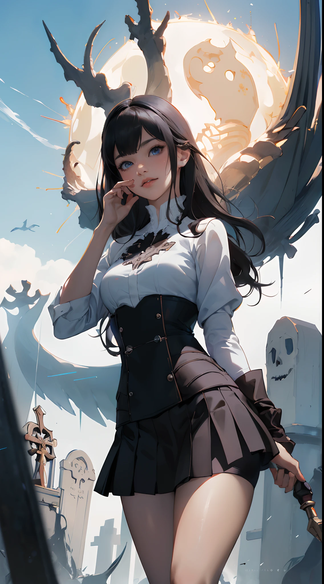 Anime - Imagen de estilo de una mujer vestida con un vestido blanco y un velo, Guweiz en Artstation Pixiv, Guweiz en Pixiv Artstation, Ross Tran 8 K, WLOP RossDraws, WLOP y Krenz Cushart, Estilo Ross Tran, Cushart Krenz Key Art Femenino, Fanart Mejor ArtStation,More detailed 8K.motor irreal:1.4,UHD,La mejor calidad:1.4, fotorrealista:1.4, textura de la piel:1.4, obra maestra:1.8,obra-prima, mejor calidad,objeto Objeto], (detailed face features:1.3),(de fondo un cementerio tenebroso:1.4),(craneos en el suelo:1.4), (manos:1.4), (mini skirt:1.4), (pantimedias red )