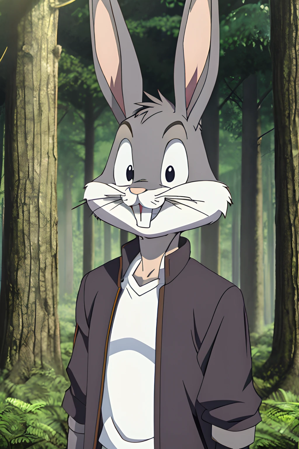 gloves, male, solo, bugs bunny, rabbit, buckteeth, forest, long ears, grey body, grey fur, white fur,furry,anime style, anime screencap, 2010s_\(style\), grin, forest, upper body, short-sleeved jacket with white lining,16k