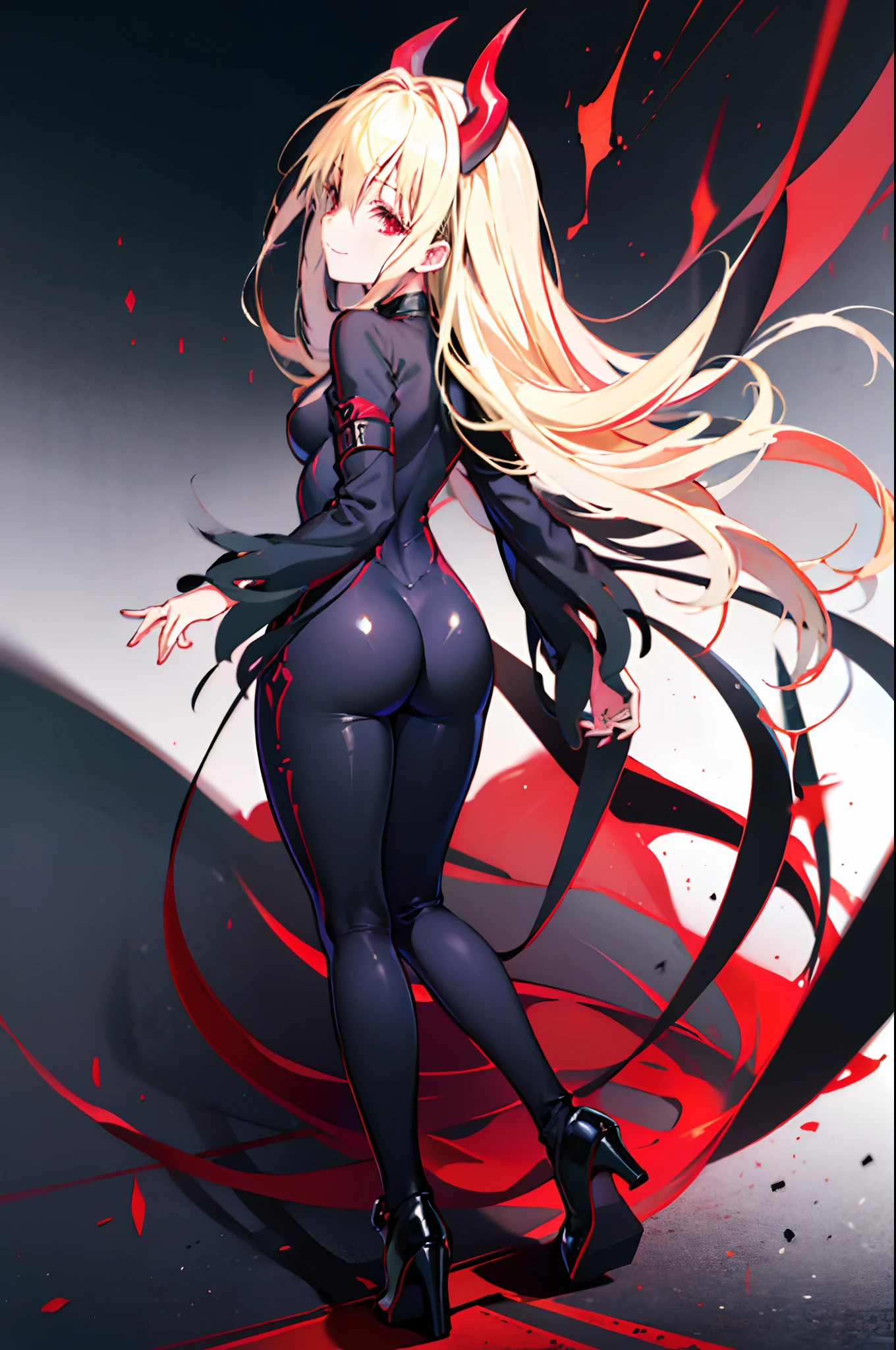 Carefully draw the face High-quality faces in anime style a five girl Shiny black full body suit Black High Heels Red lines all over the body a blond seductiv a smile succubus Rear view