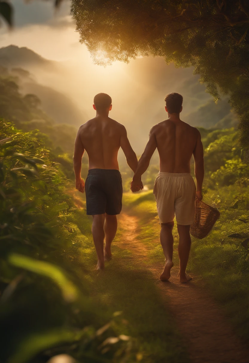 Adam and Eve walking naked in paradise, Smooth expression, e feliz, obra-prima, alta qualidade, alta qualidade, altamente detalhado CG unidade papel de parede 8k, fotos premiadas, bokeh, profundidade de campo, HDR, realista, muito detalhado, trending in the artstation, trend in CGSociety, complexo, alto detalhe, dramatic, arte no meio da jornada, volumeric lighting.