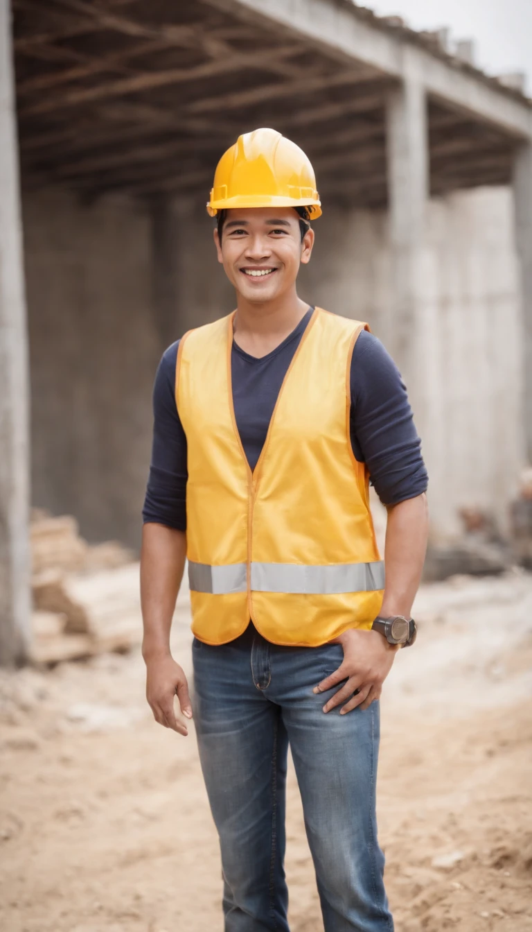 Photoshoot, construction site, face the camera, smile, 30 year old construction worker guy, handsome guy, Indonesian male model, wearing construction worker's vest, wearing construction worker's helmet, yellow helmet, white healthy skin,full body photo, realistic hands, realistic fingers, detailed hands, detailed fingers.