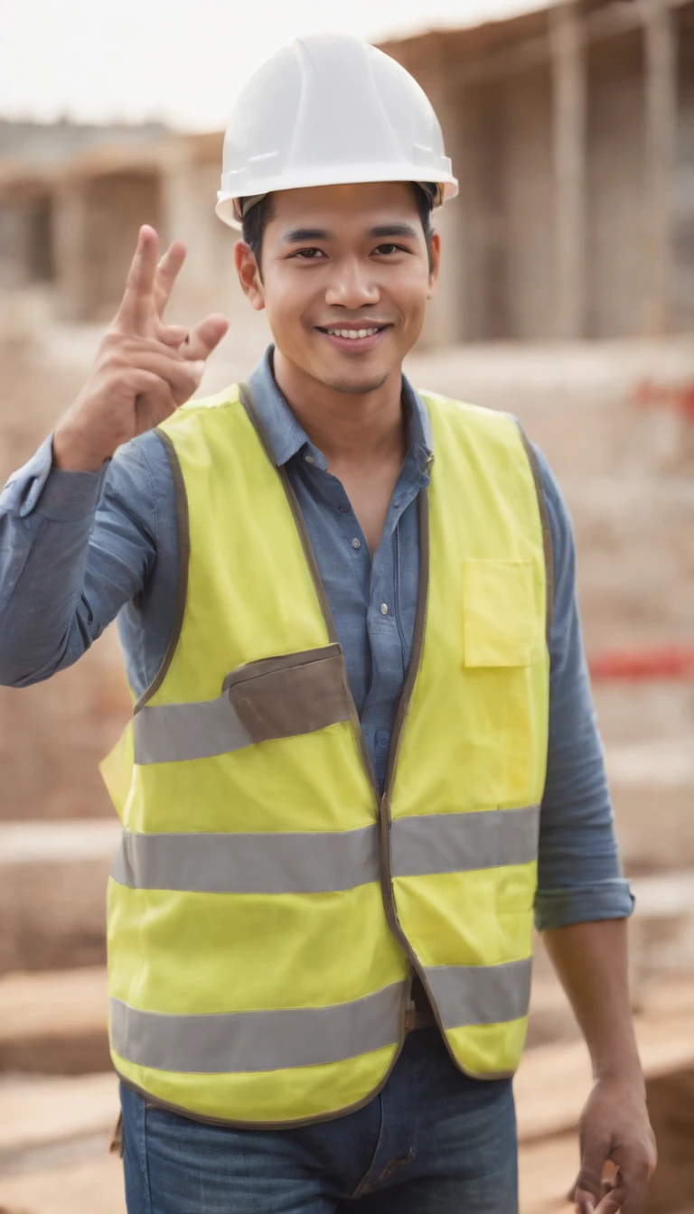 Photoshoot, construction site, face the camera, smile, 30 year old construction worker guy, handsome guy, Indonesian male model, wearing construction worker's vest, wearing construction worker's helmet, yellow helmet, white healthy skin,full body photo, realistic hands, realistic fingers, detailed hands, detailed fingers.