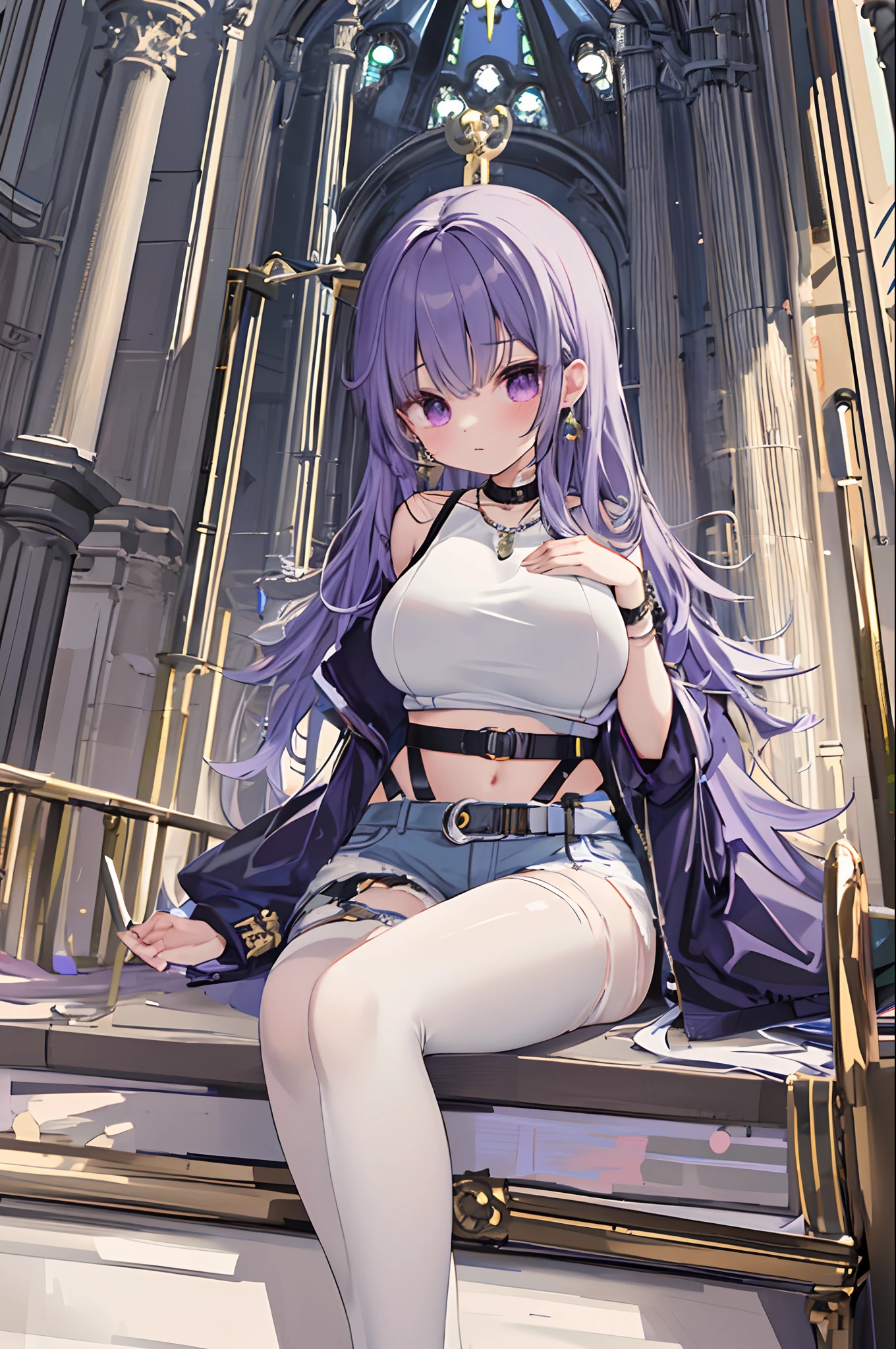 a beauty girl，Purple eye，White curly wave head，Jacket jacket，Crop top short sleeves，cropped shoulders，nabel，(huge tit)，Low-rise extra-short jeans，Black Knee Socks，White high-heeled booties，Silver necklace，Circle earrings，Leg loop straps，Shoulder belt，Bracelet，ruri，Church glazed windows，，(Very fine and beautiful)，Exquisite background,（tmasterpiece）(HighestQuali)，(tmasterpiece)，Epic composition，The Temple of Splendidness，8K，Dingdall effect，Meticulous background，sophisticated composition