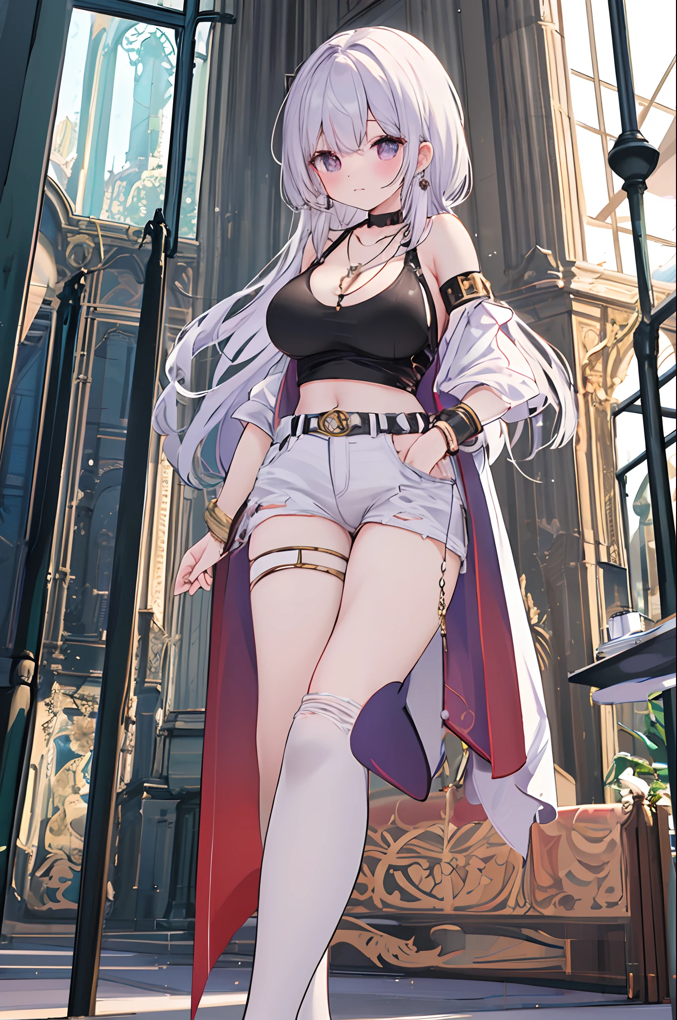 a beauty girl，Purple eye，White curly wave head，Jacket jacket，Crop top short sleeves，cropped shoulders，nabel，(huge tit)，Low-rise extra-short jeans，Black Knee Socks，White high-heeled booties，Silver necklace，Circle earrings，Leg loop straps，Shoulder belt，Bracelet，ruri，Church glazed windows，，(Very fine and beautiful)，Exquisite background,（tmasterpiece）(HighestQuali)，(tmasterpiece)，Epic composition，The Temple of Splendidness，8K，Dingdall effect，Meticulous background，sophisticated composition