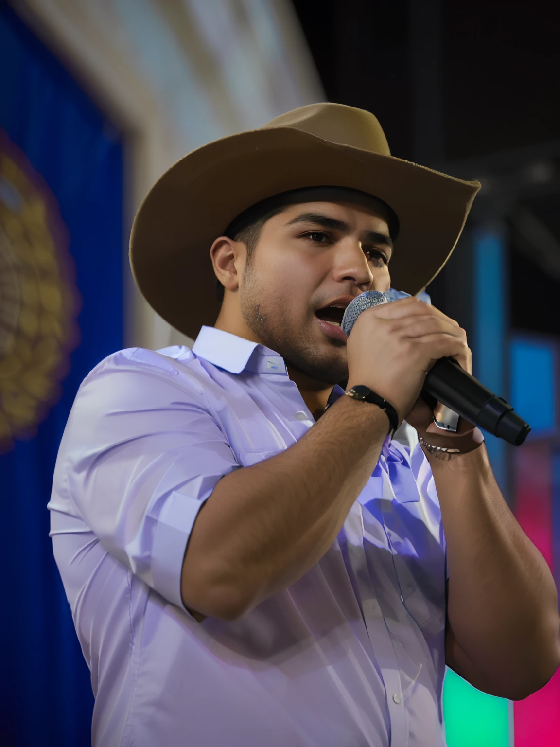 Araffe man in a hat singing into a microphone, Rua Juliana, victor maristane, Cristiano Orrillo, David Villegas, Pablo Perdomo, inspired by Germán Londoño, Eloy Morales, andres rios, danilo torres, inspired by Agustín Fernández, Salustiano Garcia Cruz, Arauto Ortega