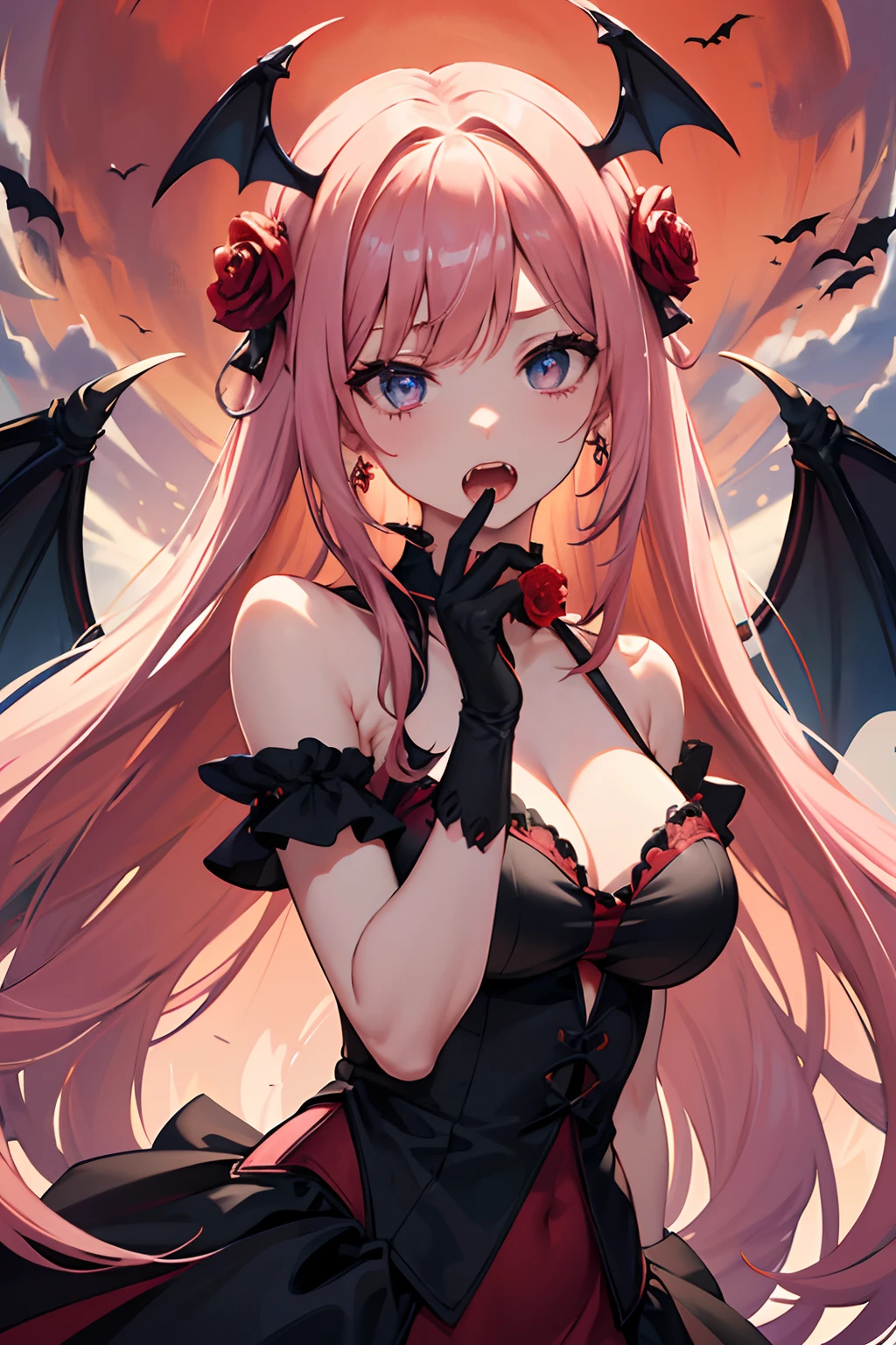 8k, highres, ultra detailed, (masterpiece:1.4), 1girl , armpit crease , back , backless dress , backless outfit , ???? shoulders , bat wings , black choker , black dress , black gloves , blood , blood from mouth , blood on flower , blue eyes , elbow gloves , fangs , frilled dress  , full moon , hair between eyes , hair intakes , heart earrings , holding flower , jewelry , ????????????? , long hair , looking at viewer , looking down , night , nose , open mouth , pink hair , red flower , red moon , red rose , red sky ,red wings , rose ,sky , sleeveless dress , solo , strapless dress , teeth , upper teeth only , vampire
