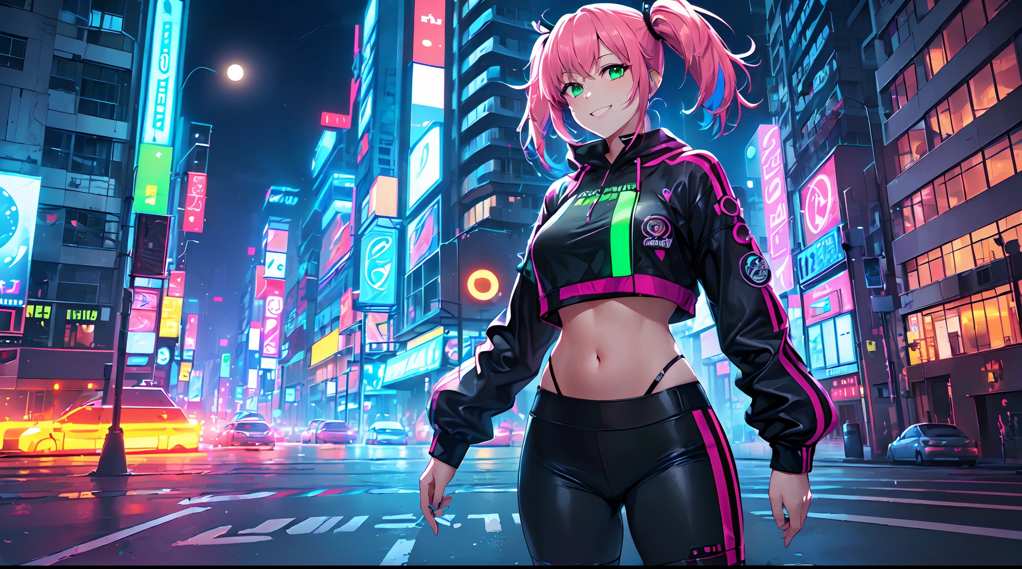 (masterpiece:1.2), best quality, realistic, 4K, beautiful detailed girl, perfect lighting, highly detailed, bright eyes, 2 girls, mature female, big breasts, :3, navel, black crop top hoodie, pink design on crop top hoodie, pink leggings, sneakers, sitting on car, crossed legs, full body, looking at viewer, outdoors, cyberpunk city, cyberpunk car, parking lot, neon lights, street art on walls, dark, dark atmosphere, garbage bin, night