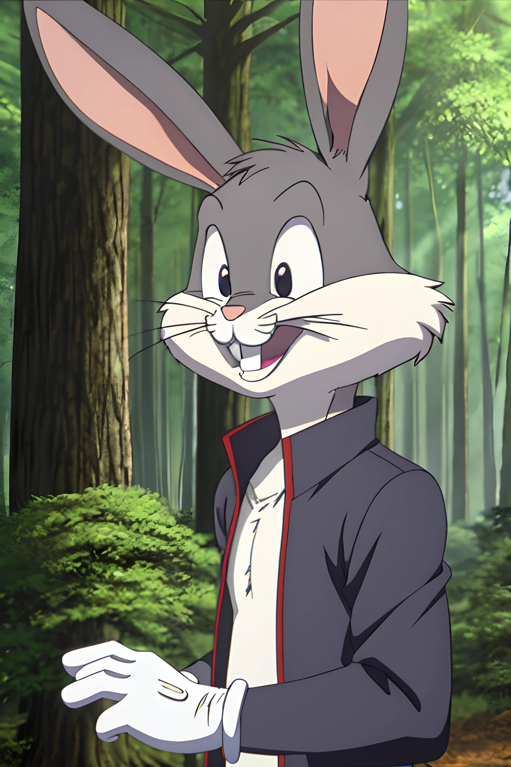 gloves, male, solo, bugs bunny, rabbit, buckteeth, forest, long ears, grey body, grey fur, white fur,furry,anime style, anime screencap, 2010s_\(style\), grin, forest, upper body, short-sleeved jacket with white lining,16k