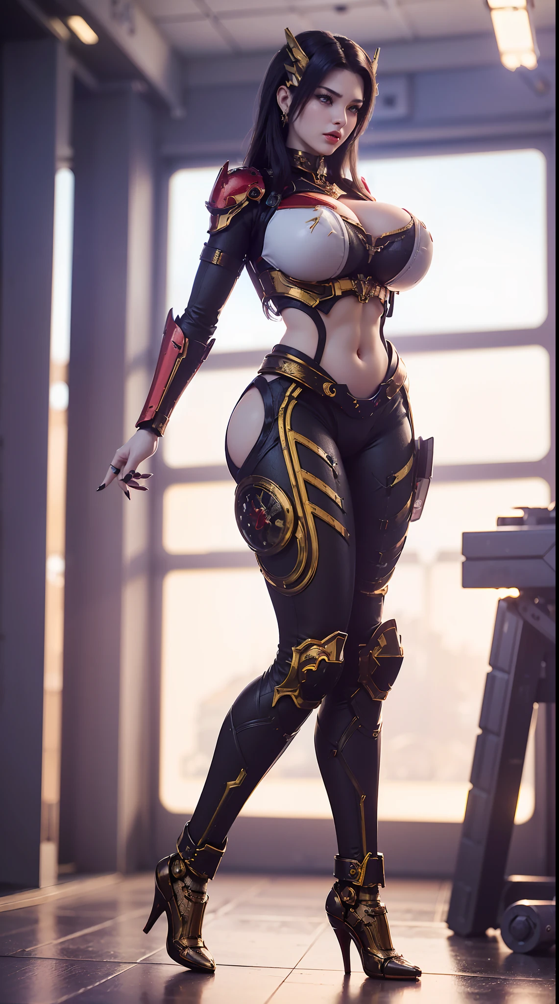 (Devouring the Starry Sky), (1GIRL,SOLO:2), (super detailed face), ((BIG BUTTOCKS, HUGE FAKE BREASTS:1.5)), (CLEAVAGE TOP:1.5), (11 LINE ABS FEMALE:1.4), (MECHA GUARD ARM:1.4), ((WEAR RED OVERWATCH MECHANICAL ARMOR CROP TOP, BLACK MECHANICAL SKINTIGHT SUIT PANTS, MECHA GUARD ARMOR LEGS, HIGH HEELS:1.5)), (LEWD VOLUPTUOUS BODY:1.3), (GLOWING SKIN:0.8), (LONG LEGS, FULL BODY:1.1), (LOOKING AT VIEWER:1.3), (female focus:0.886), (WALKING DOWN HALLWAY OF FUTURISTIC SPACE STATION:1), (BRIGHT LIGHT WHITE_ROOM:1.3), SUPER TEXTURE, UNREAL ENGINE RENDER, PHYSICALLY-BASED RENDERING, ULTRA HIGHT DEFINITION, 16K, 1080P.