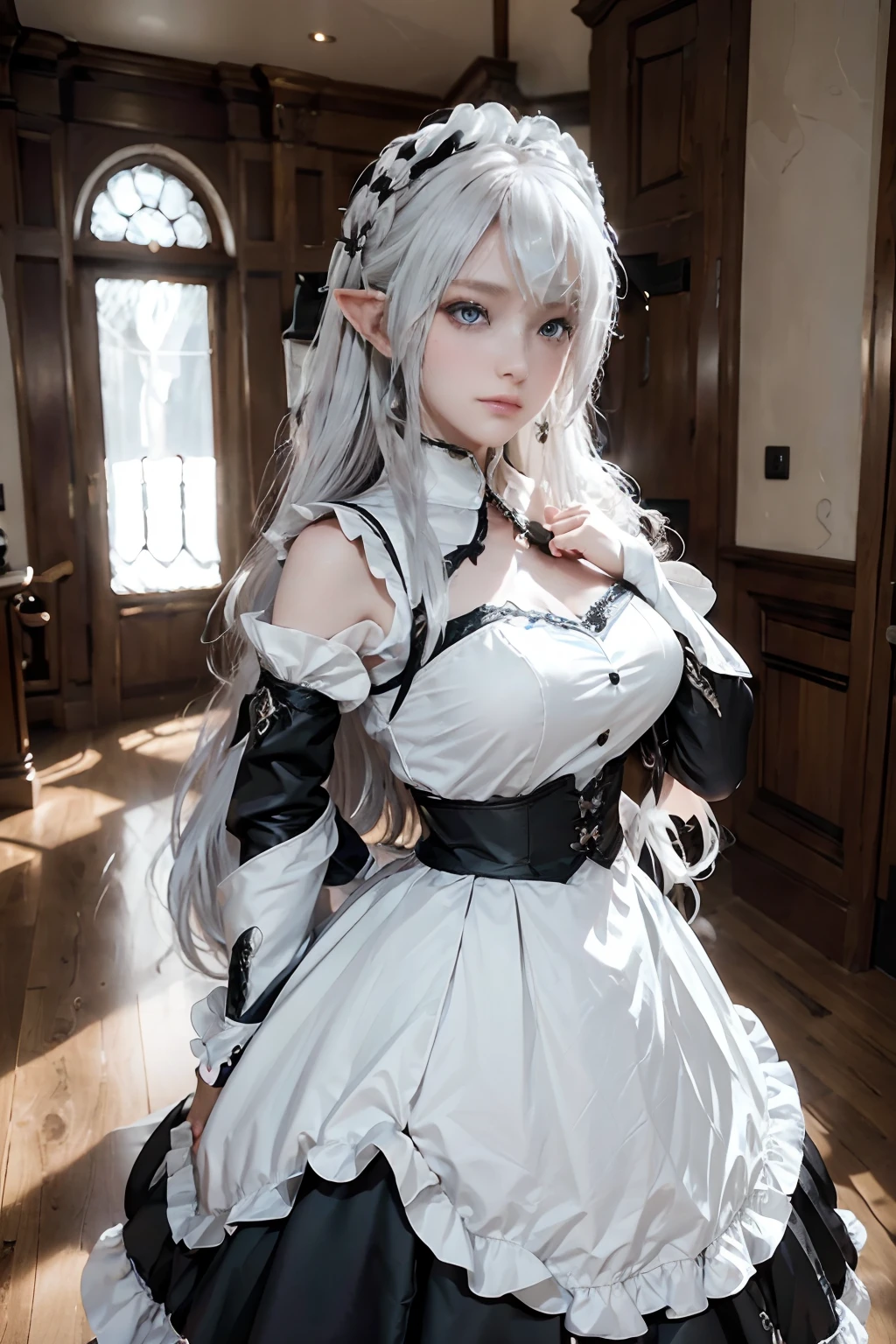 The woman, (European Citizenship: 1.2) In a black and white outfit posing for a photo, maiden! Dress, Anime Girl Cosplay, anime girl in a maid costume, The Magnificent Maiden, maid outfit, cosplay photo, cosplay, anime cosplay, A Few Cute Poses, Заманчивый портрет Marvel's Storm (snow-white hair!), (Face of the Goddess), (Elegant posture: 1.4), Elegant atmosphere, Noble atmosphere, (Milf: 1.6) (Shiny bright white hair: 1.5), (Cyan eyes: 1.4), (maidservant: 1.4), (Black and White Maid Outfit: 1.1), (Incredible beauty, High facial detail:1.3), (Elegant, elongated, pointed elven ears: 1.5), (Graceful Elf: 1.4)