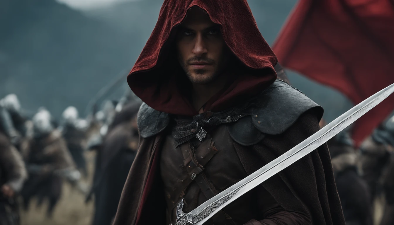 Realistic, 4k, Anjos com asas grandes, roupas pretas, uma espada, Head hood on war background image (caos)