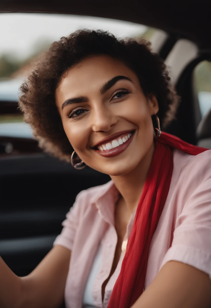 woman in pink shirt and red scarf sitting in car with steering wheel, sitting in her car, profile picture, taken on iphone 1 3 pro, with a beautifull smile, headshot profile picture, taken in 2 0 2 0, taken on iphone 14 pro, beautiful and smiling, with a happy expression, very slightly smiling, shot on iphone 1 3 pro, driving, smiling