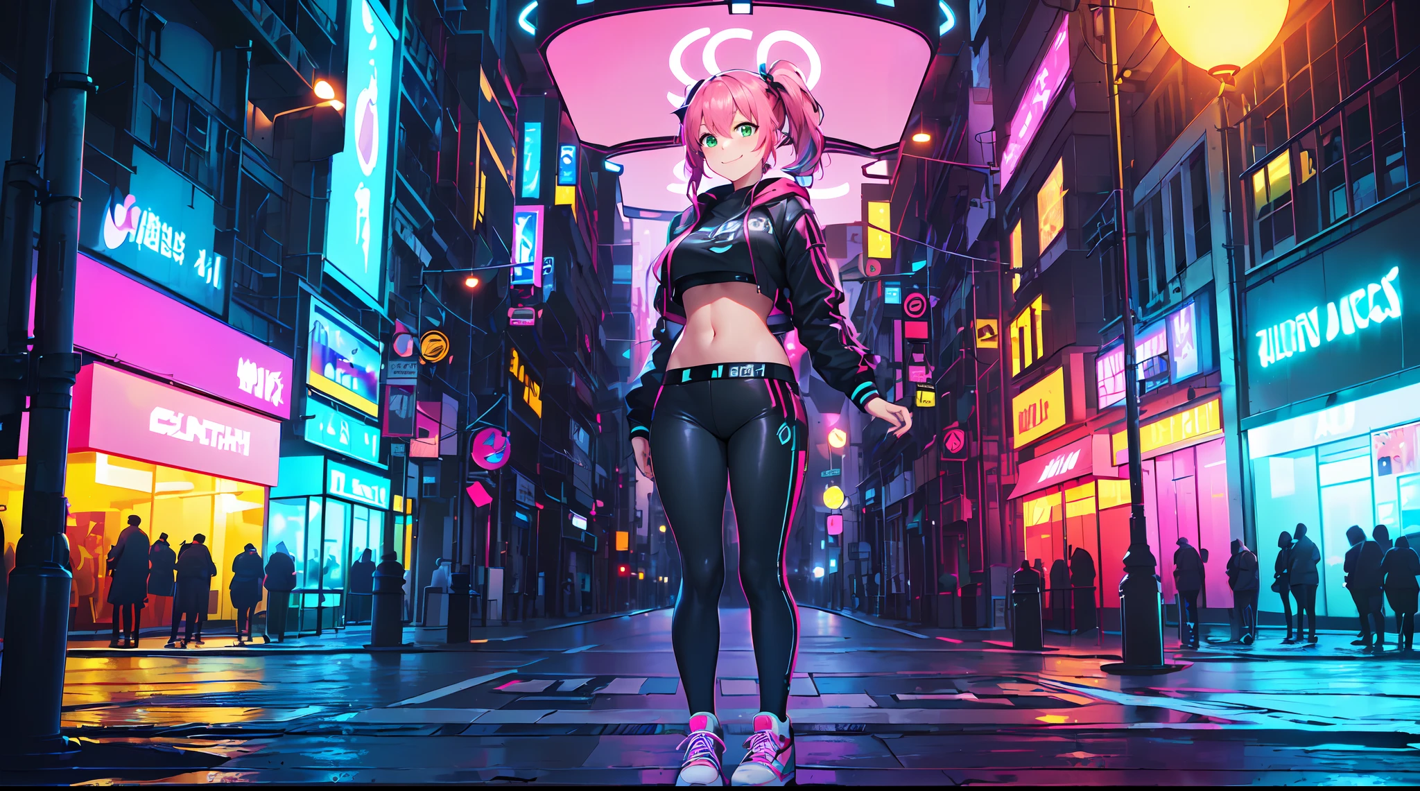 honokabkn, 1girl, breasts, solo, huge breasts, looking at viewer, blush, closed mouth, standing, cleavage, skindentation, techwear, pink jacket, pink shoes, pink hair, red eyes, city, night city